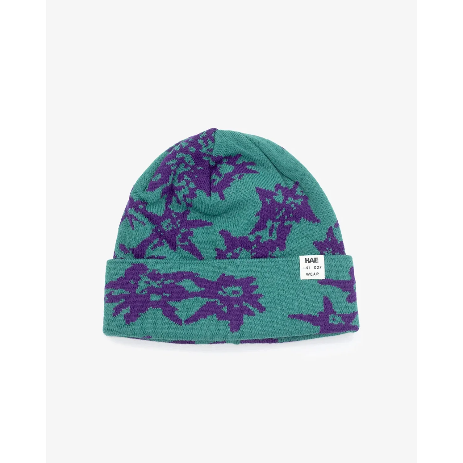 Bonnet en tricot, turquoise, violet, motif floral, bord-côte