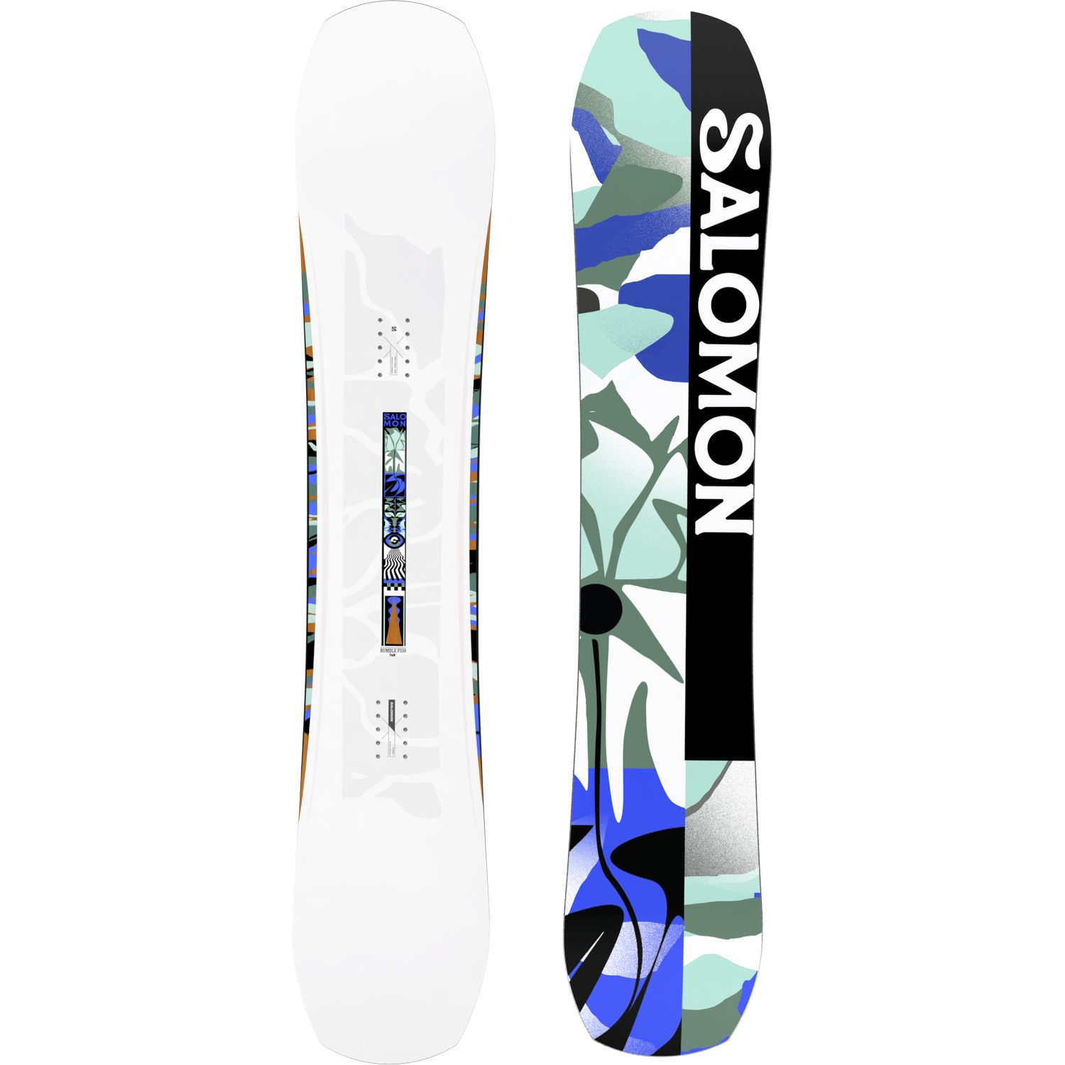 Snowboard, graphisme coloré, face inférieure blanche, motif camouflage