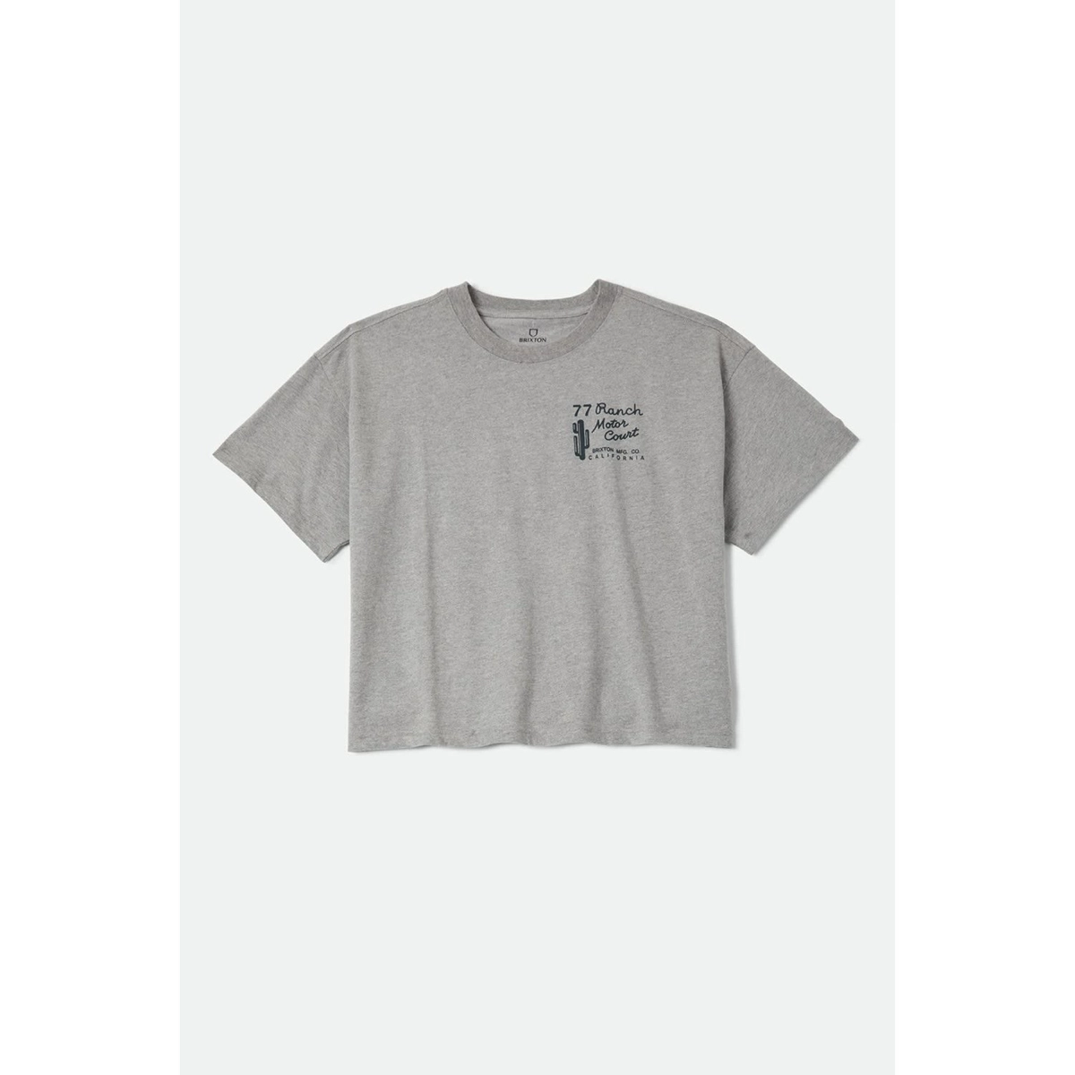 Ranch Motor Court Boxy CropTop T-Shirt, Grau, Kurze Ärmel, Kleidung, Rundhalsausschnitt, Tee, Graue T-Shirt, Kleiner Druck, Rundhals, Kurzärmlig