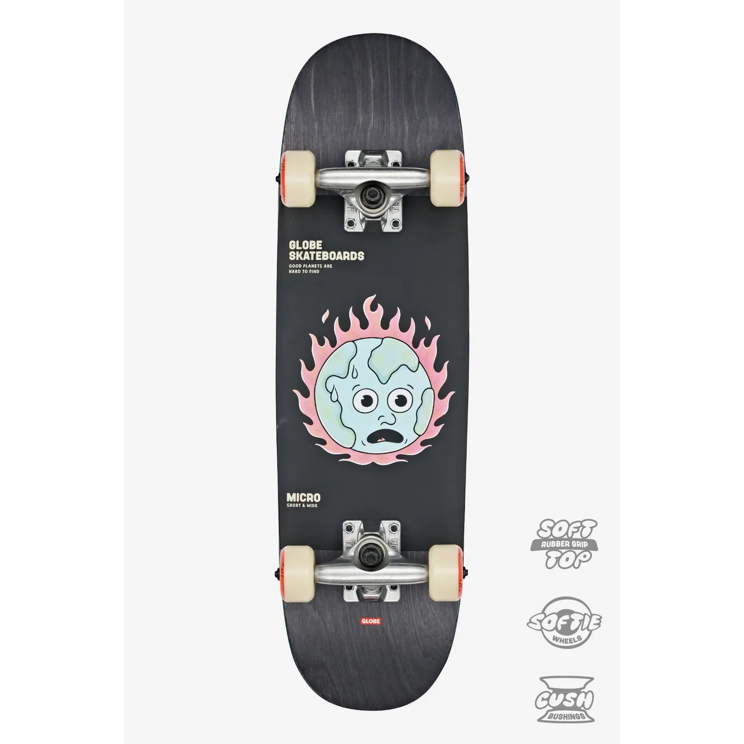 Kids Softie Micro Skateboard, planche noire, roues couleur crème, axes métalliques, motif avec des flammes