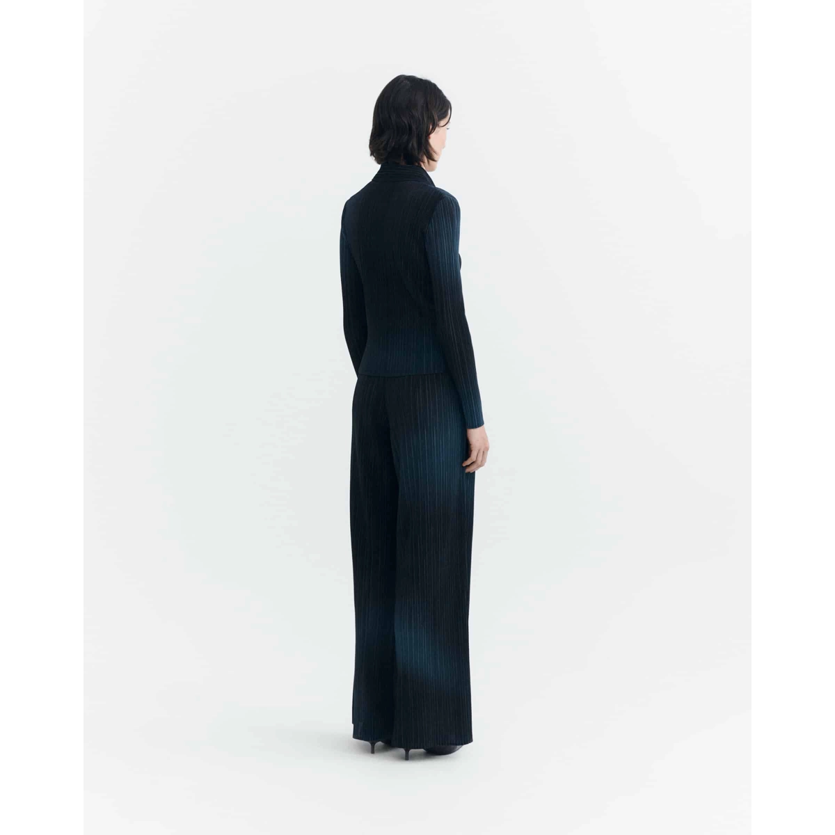 Maro Pants Pantalon, pantalon de costume, bleu foncé, rayures, motif blanc ?, ensemble, tricot de laine, bleu foncé, structure côtelée, pantalon ample
