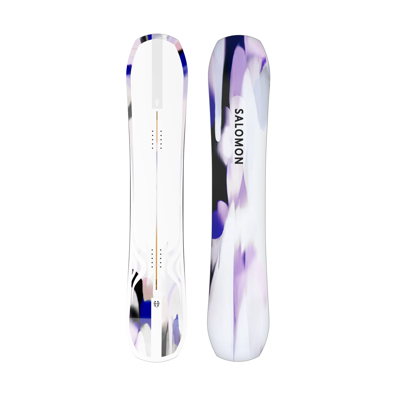 Snowboard, Snowboard-Deck, Abstraktes Muster, Lila-Weiß, Salomon-Marke nicht angegeben, Snowboard, Board graphics, Lila Akzente, Schwarz-Weiße Muster, Hochwertiges Design, Snowboard, Salomon, Violett-weiß, Abstraktes Muster, Directional Shape