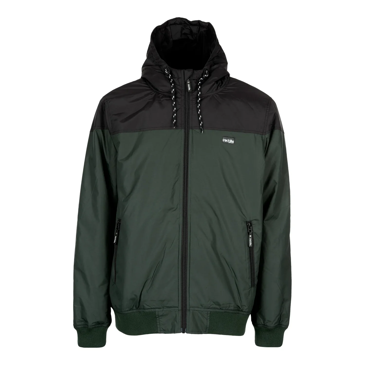 Insulaner Jacket Veste pour homme, à capuche, noire et vert foncé, fermeture éclair, poches latérales