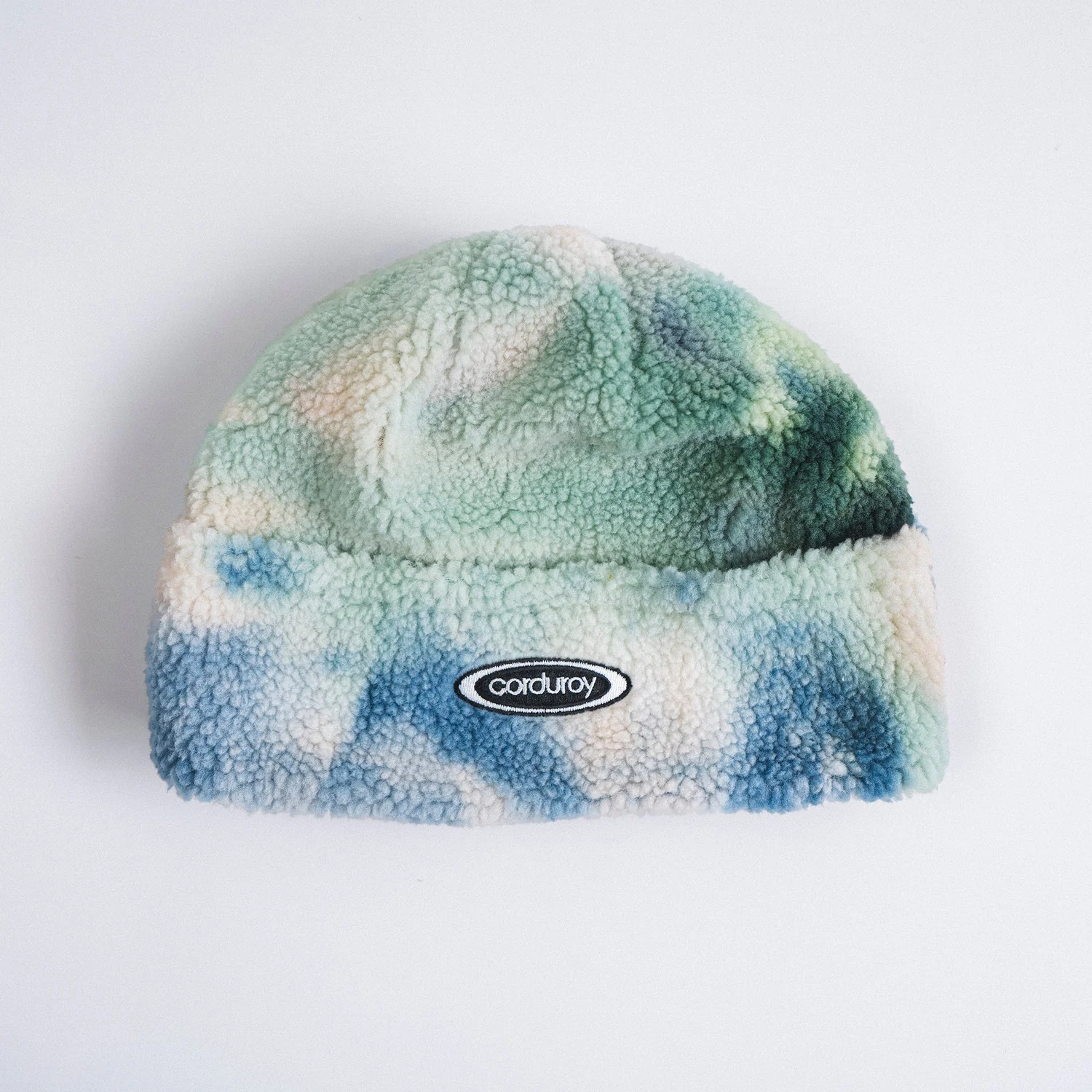 Fleece beanie Fleece-Mütze, Umschlagrand, Teddyfell, Batikmuster, Blau-Grün