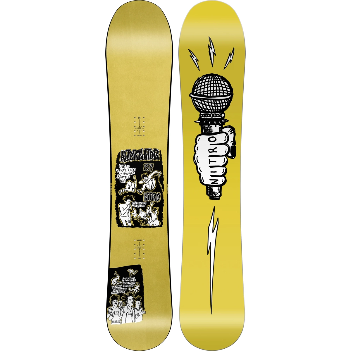 Alternator Snowboard, Nitro, graphisme « micro », planche jaune, art graphique, snowboard, couleur or, impression graphique, motif « micro », illustration multicolore