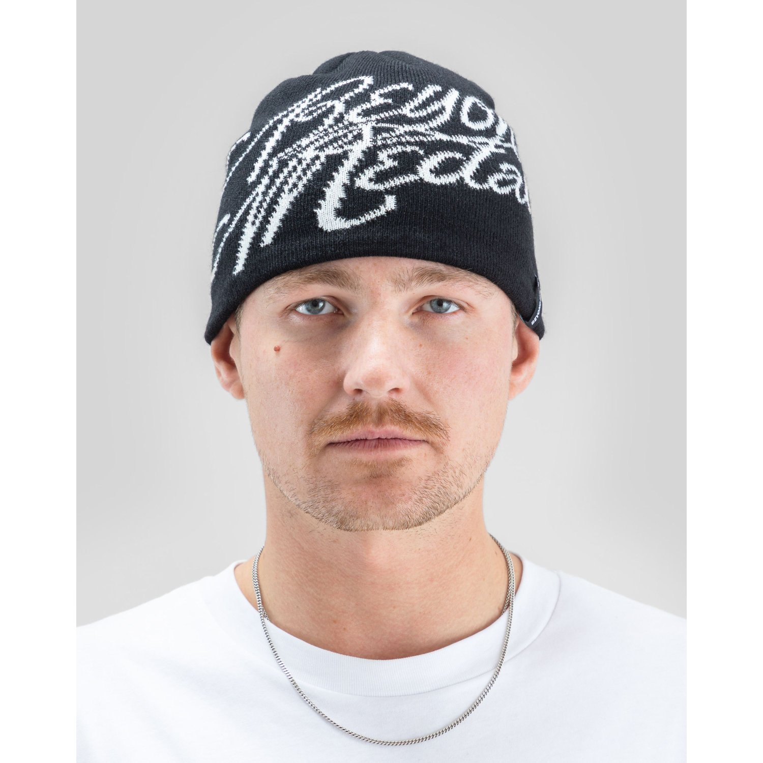 Jacquard Beanie Logo Bonnet, bonnet en tricot, noir, motif blanc, sans bord-côte
