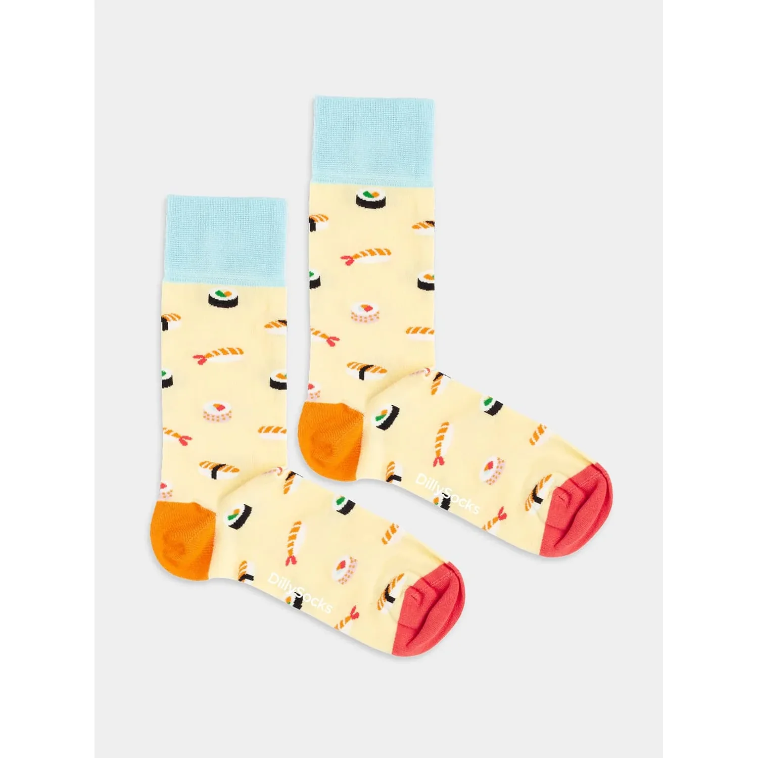 Nigiri & Maki Chaussettes, motif sushi, jaune clair, bordure turquoise, touches colorées