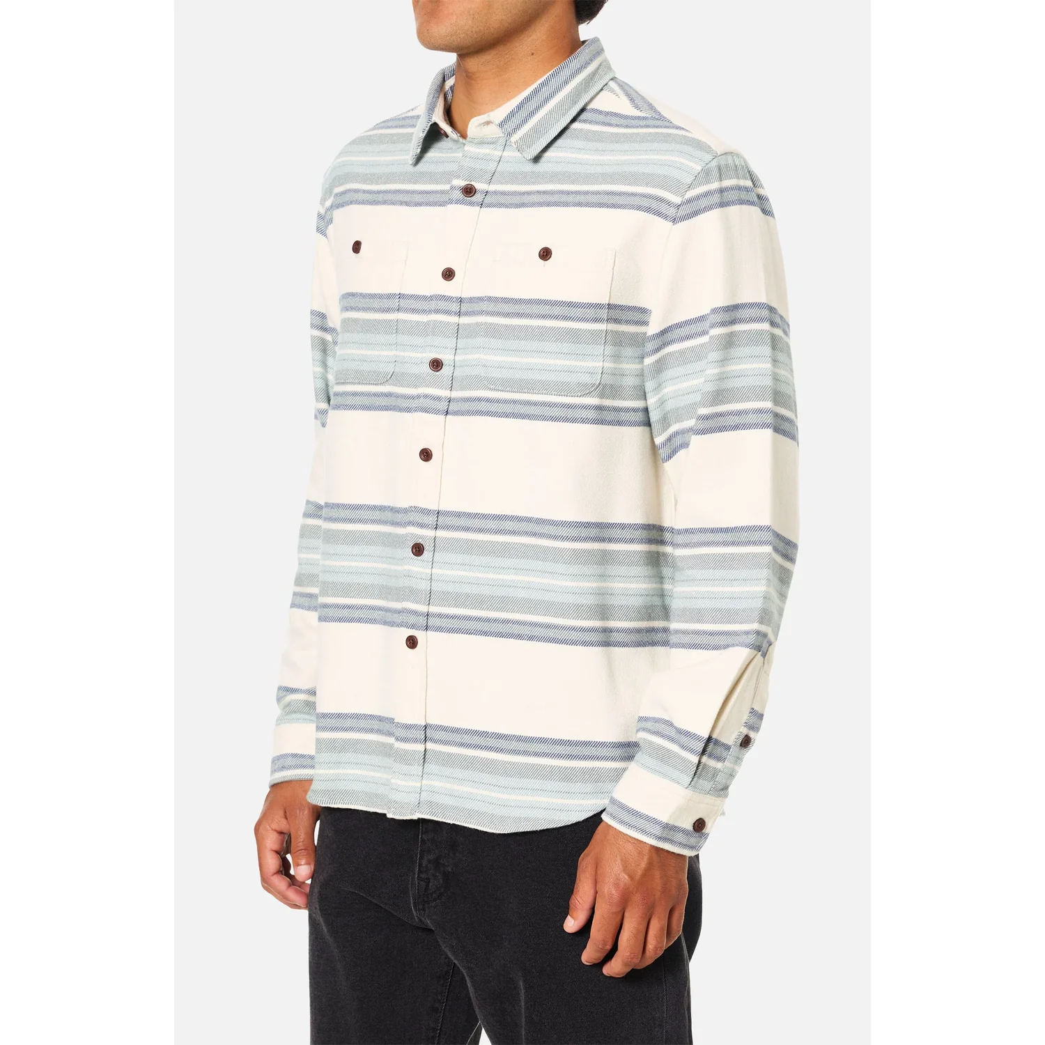 Sierra Flannel Herrenhemd, Langarm, Streifenmuster, Knopfleiste, Weiß-blau