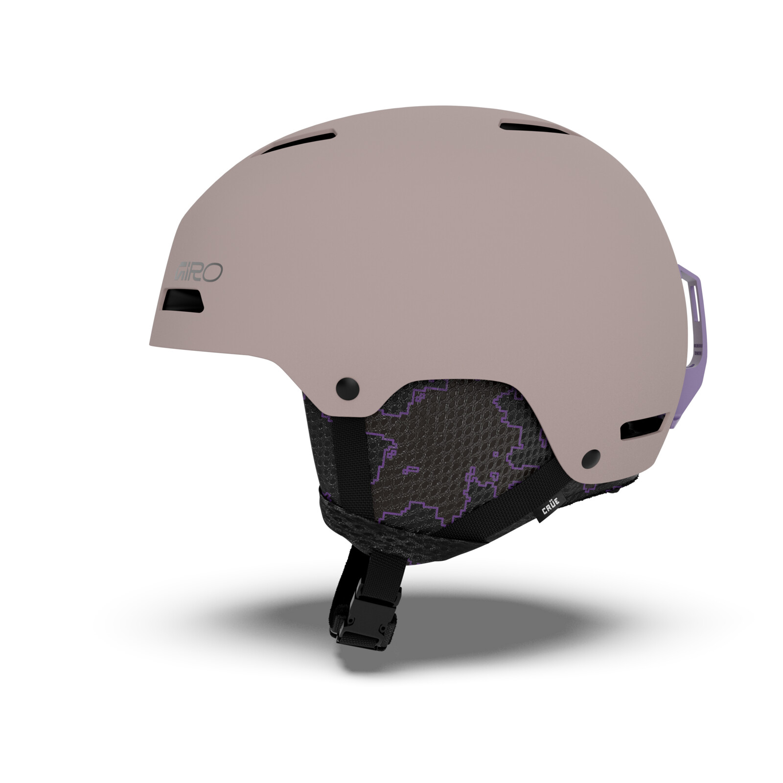 Crüe FS Casque de ski, couleur taupe mat, sangle réglable, aérations, motif graphique violet à l’intérieur