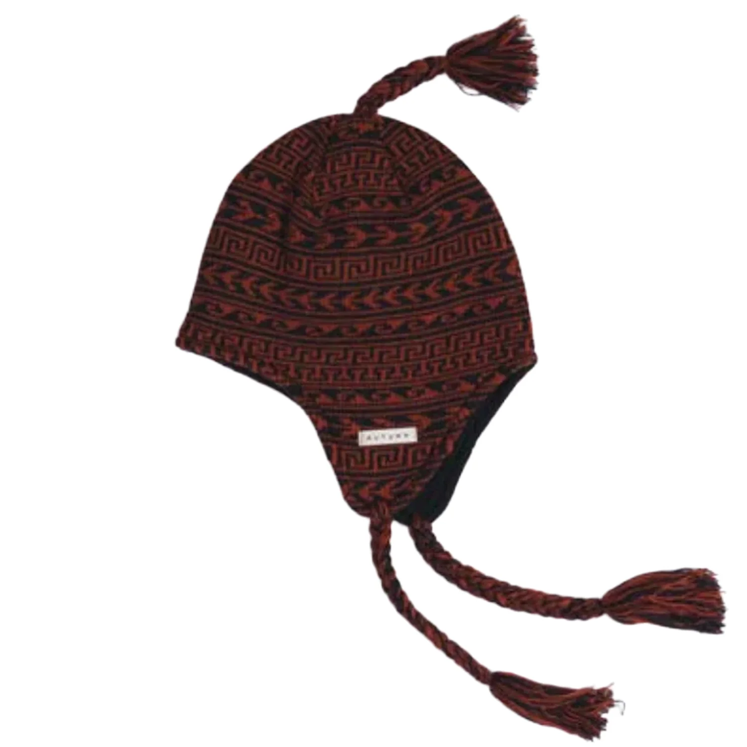 Bonnet en tricot, oreillettes, pompon, motif géométrique, rouge et noir