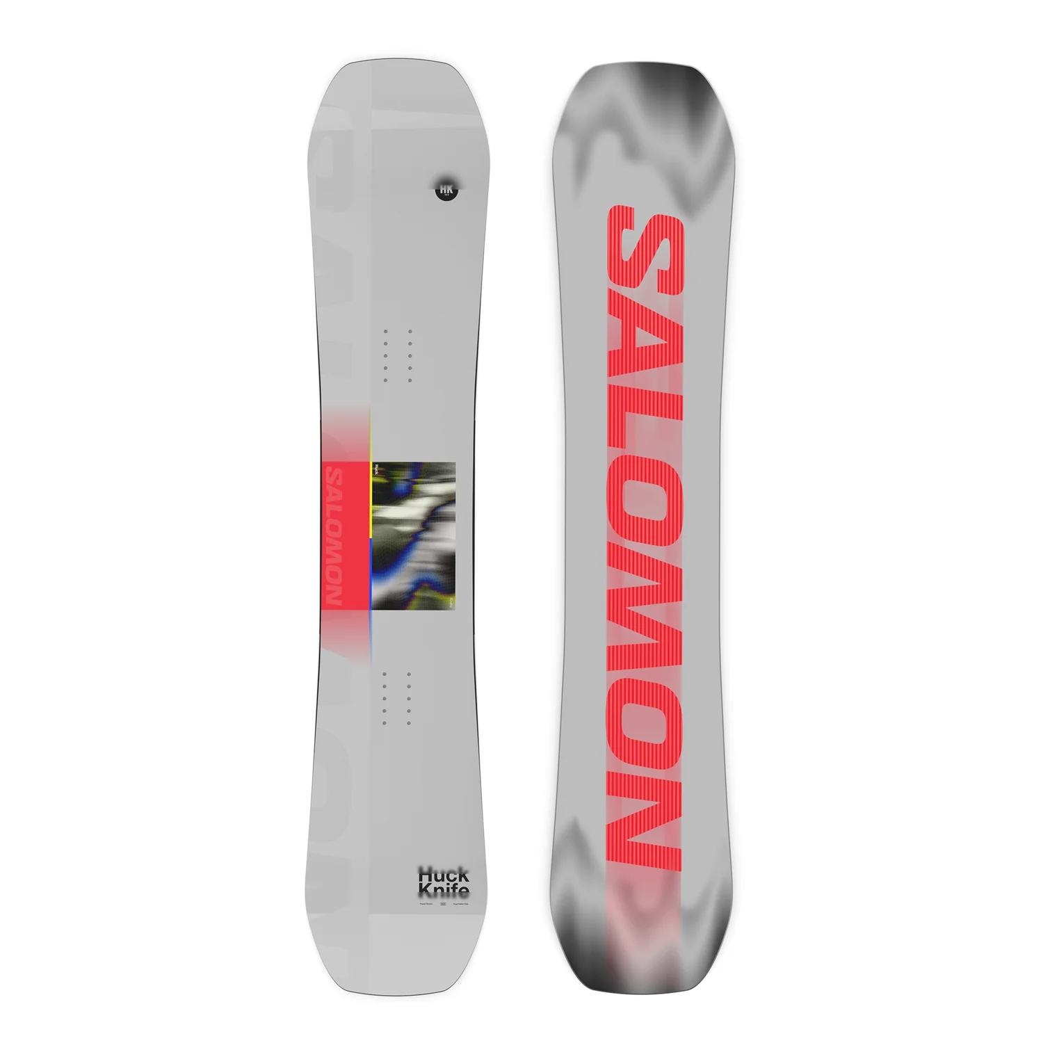 snowboard, Schneesport-Snowboard, grafisches Snowboard, Twin-Tip, Rockerprofil, Snowboard, Twin Tip, Grafik, Rote Akzente, Huck Knife, Snowboard, grau, rote Grafik, symmetrische Form, Huck-Knife