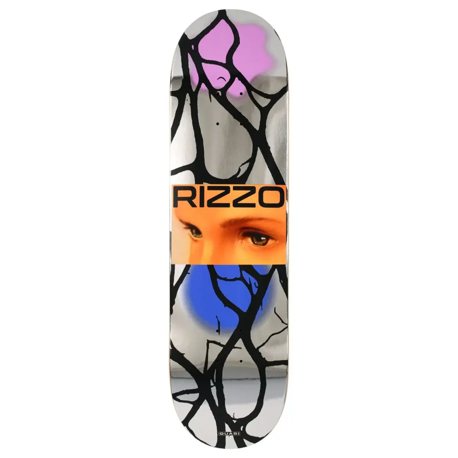 Rizzo Tearz 8.375 skateboard, graphic, abstract, orange stripe, purple/blue accents
