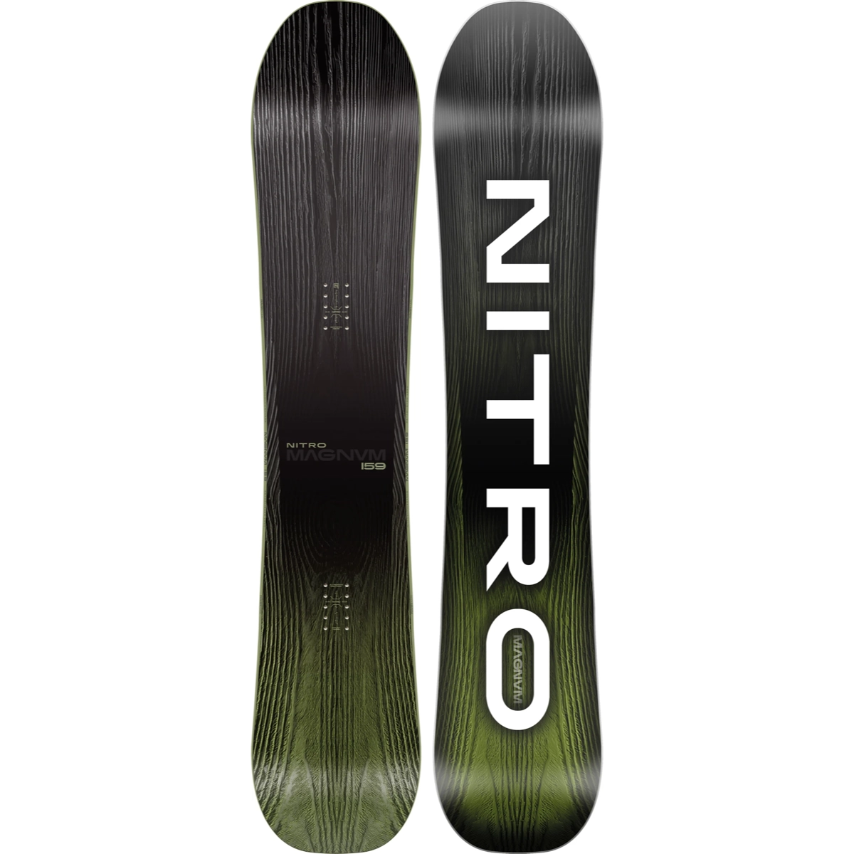 ski-snowboard, snowboard, Magnum-159, noir-vert, grain de bois, inscription sur les carres, snowboard, grain de bois, noir, grand graphisme, lettrage allongé