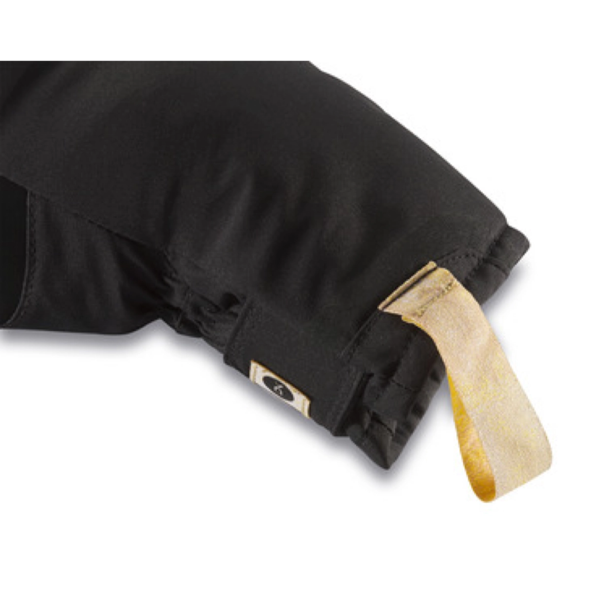 Jackenärmel, elastischer Ärmelabschluss, goldenes Schlaufenband, schwarzer Stoff, Raglanärmel