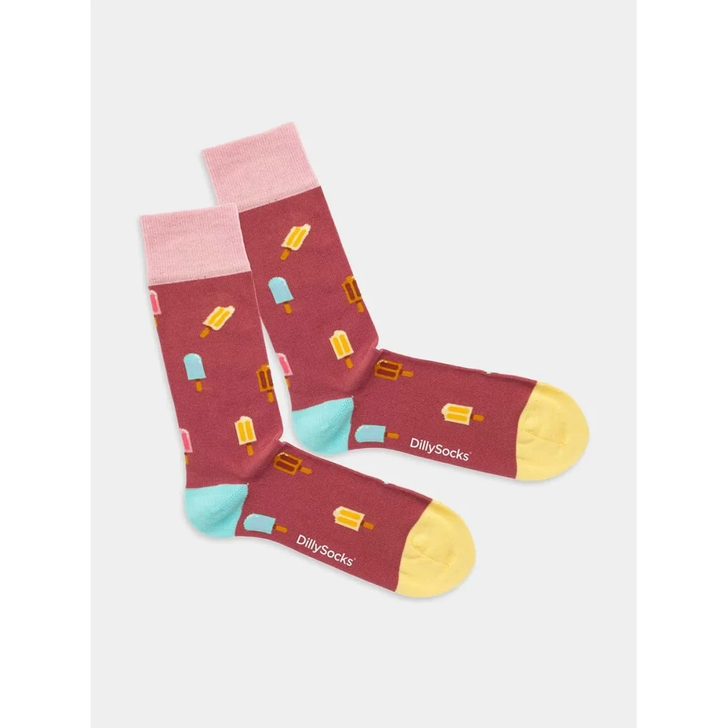 Socken, Eis am Stiel Muster, Bordeauxrot, Gelbe Spitze, Rosa Bündchen