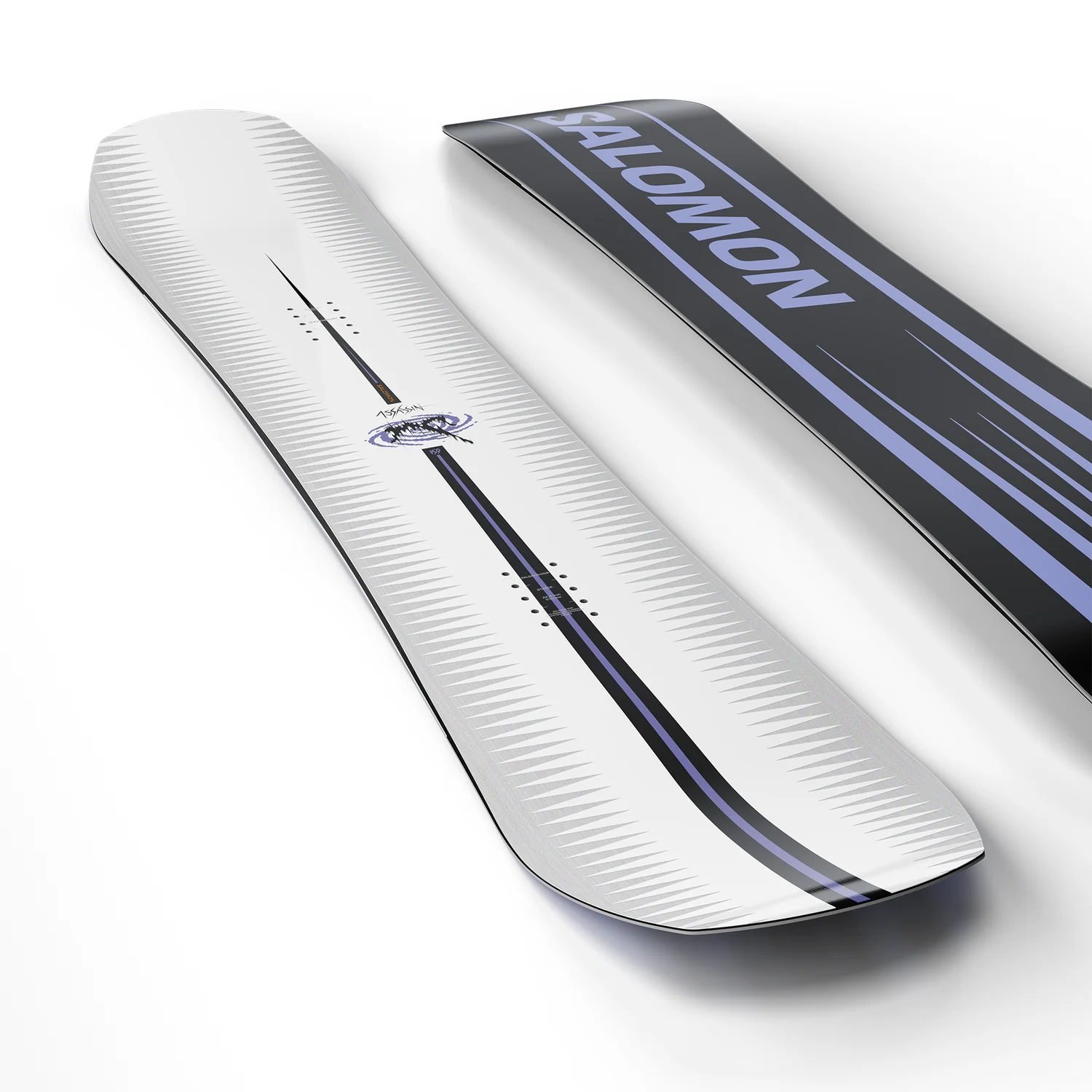 Assassin Snowboard, Twin-tip, Grafik, Silber, Bindungslos, Snowboard, weiß, schwarze Streifen, violette Akzente, Freeride-Shape