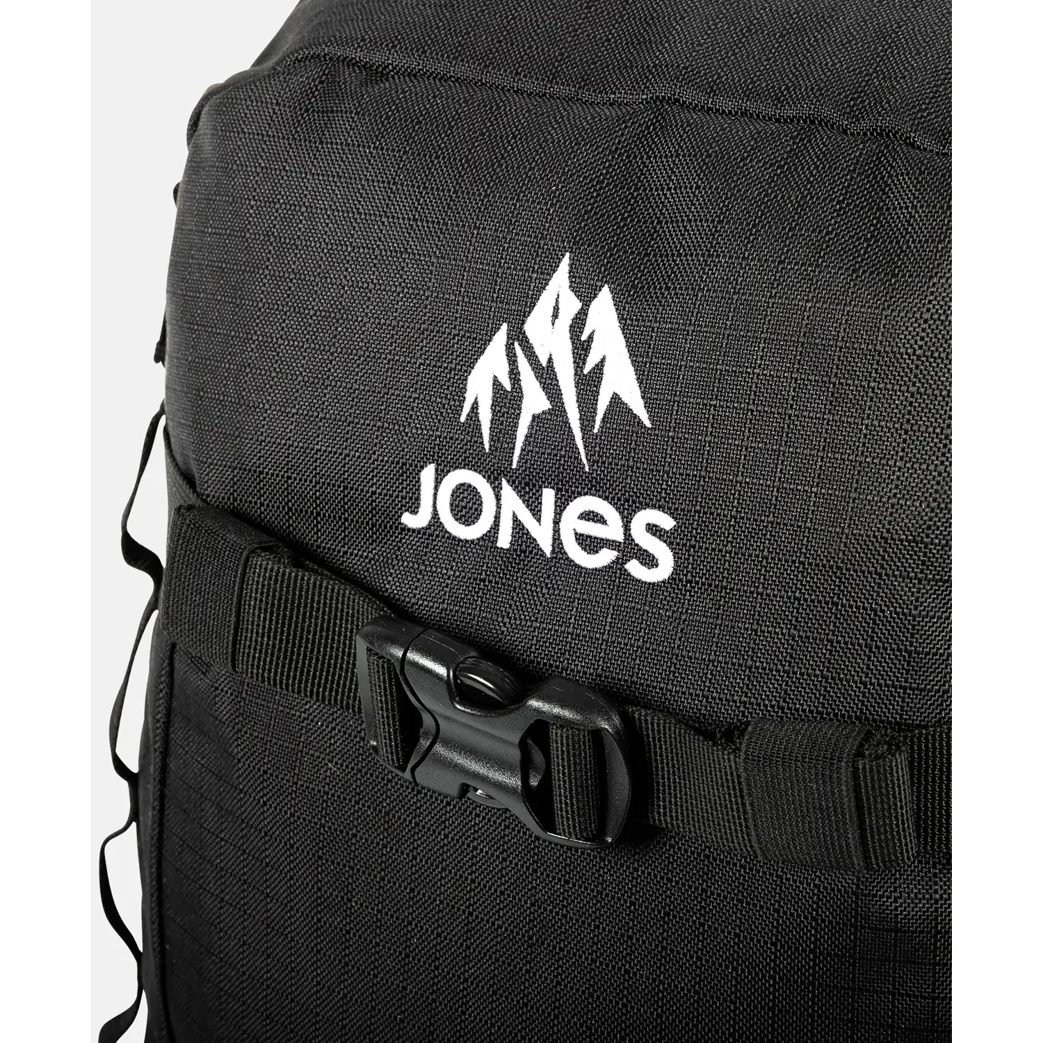 Rucksack, schwarzes Gewebe, Kunststoffschnalle, Frontfach, Jones-Logo