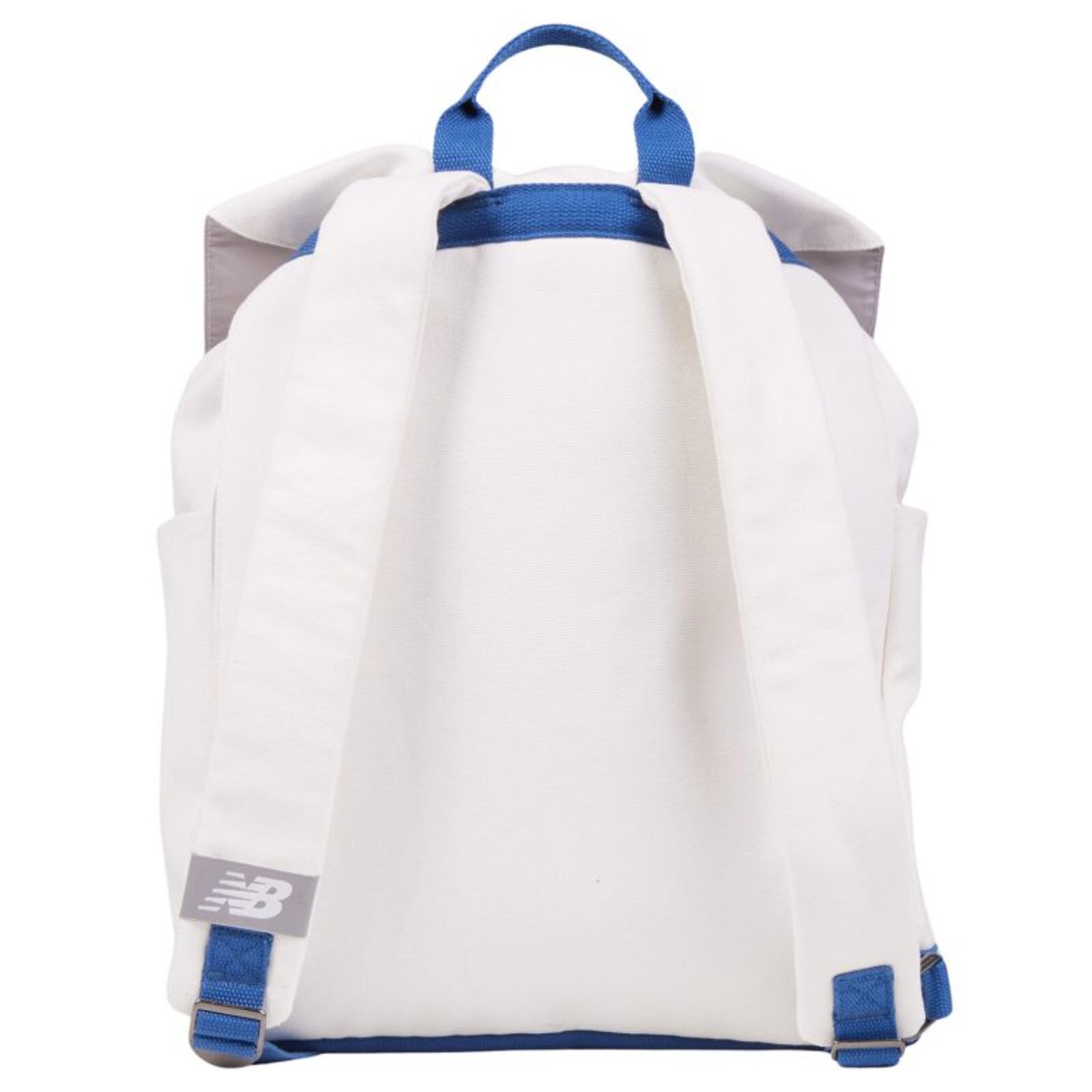 Sac à dos, blanc, touches de bleu, bretelles, poignée sur le dessus