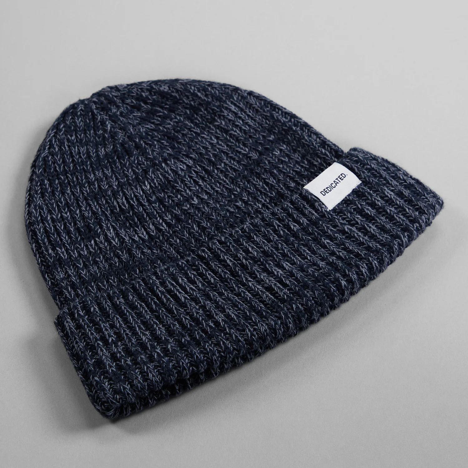 Beanie Lofoten Strickmütze, Rippstrick, Dunkelblau, Umschlag, Meliert