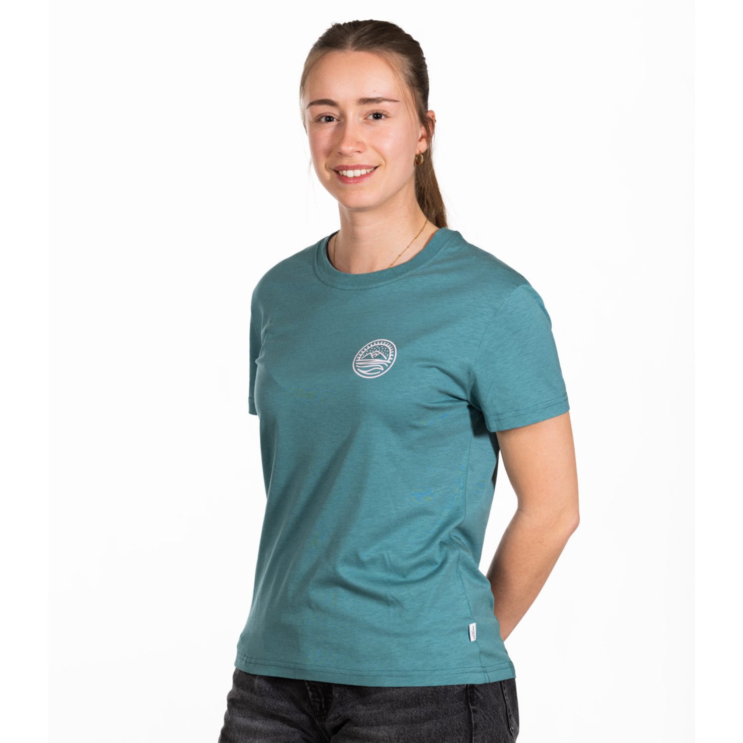 t-shirt, bleu sarcelle, manches courtes, col rond, logo