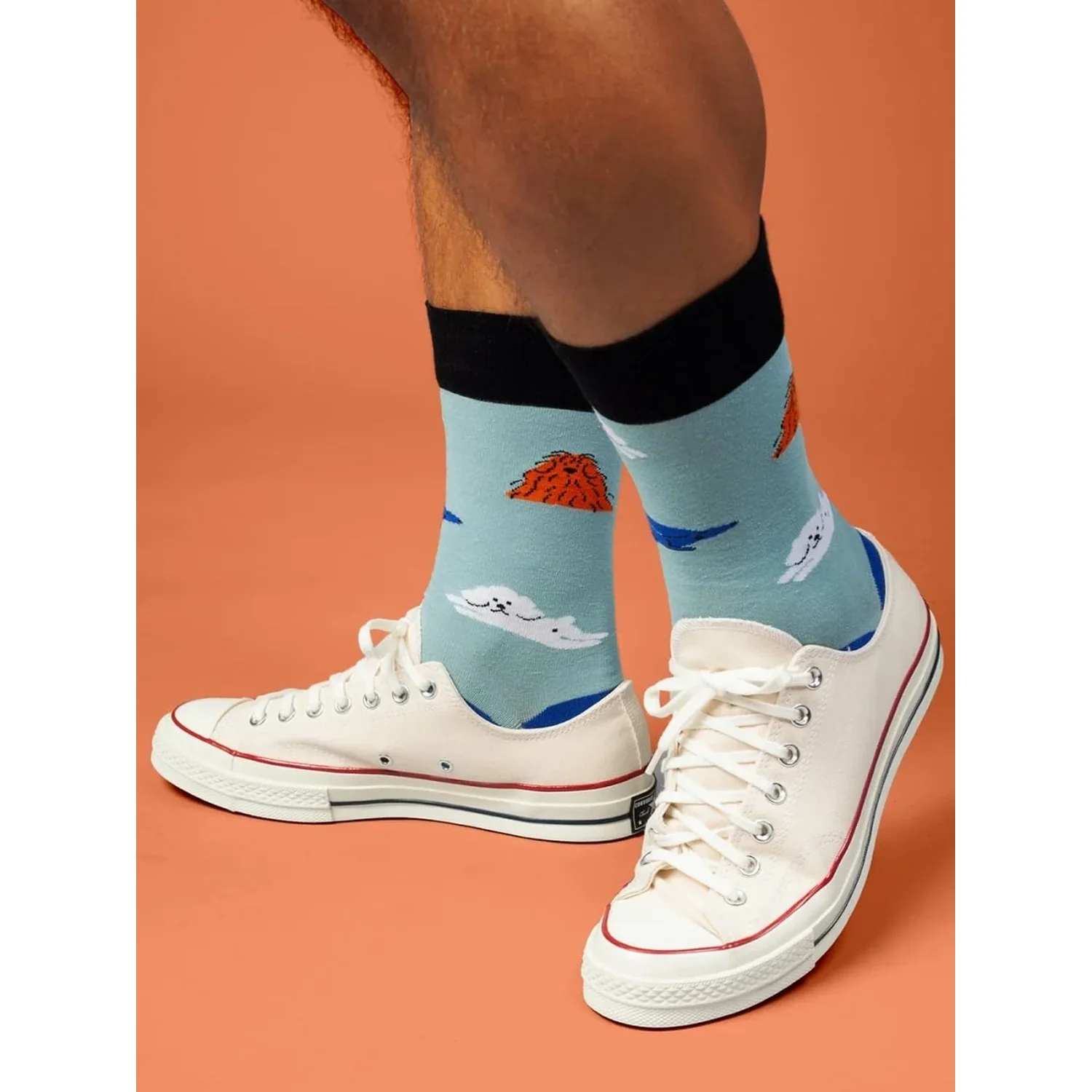 Chaussettes, motif phoque, bleu clair, bords noirs, imprimé animalier