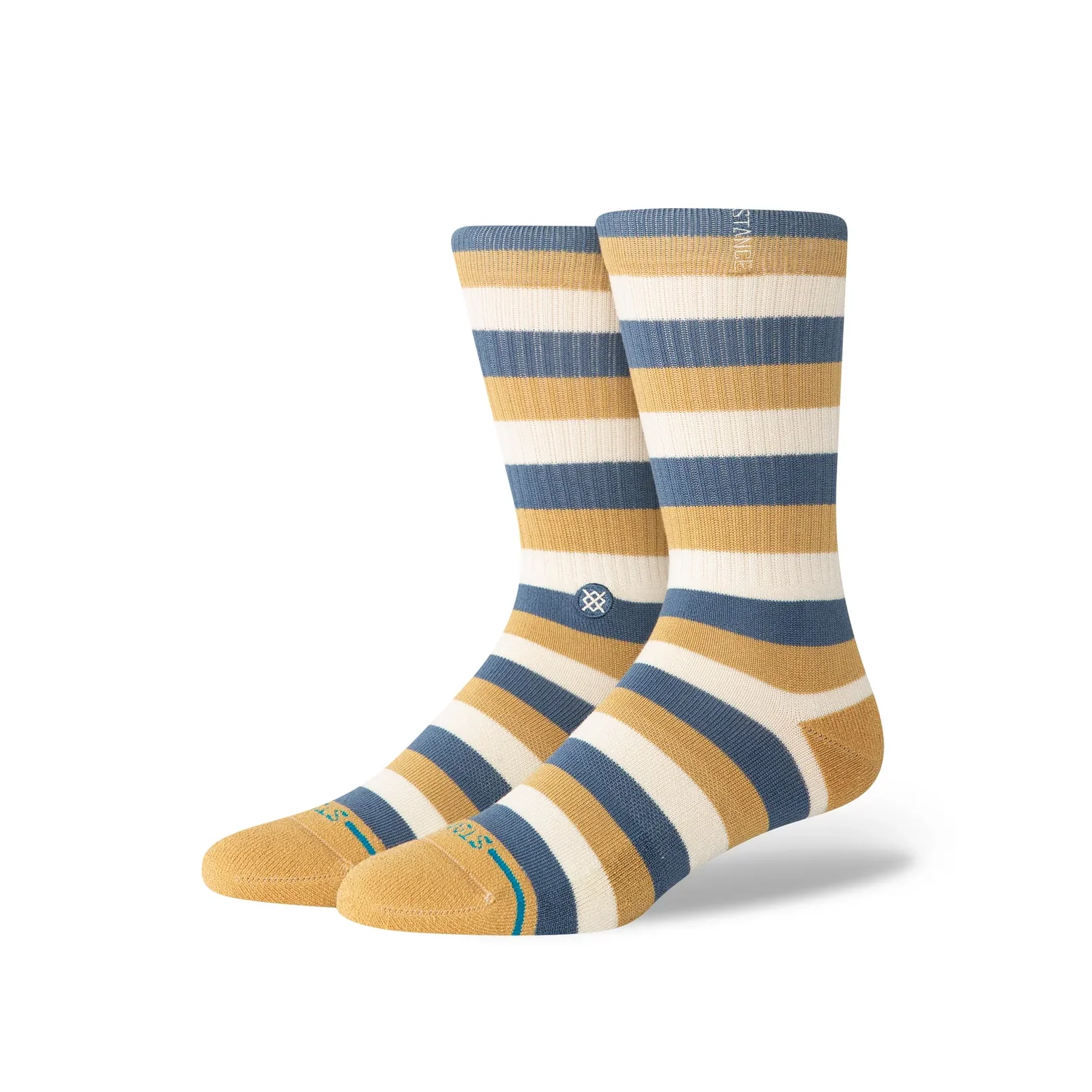 Chaussettes rayées, mi-mollet, mélange de coton, bleu-jaune