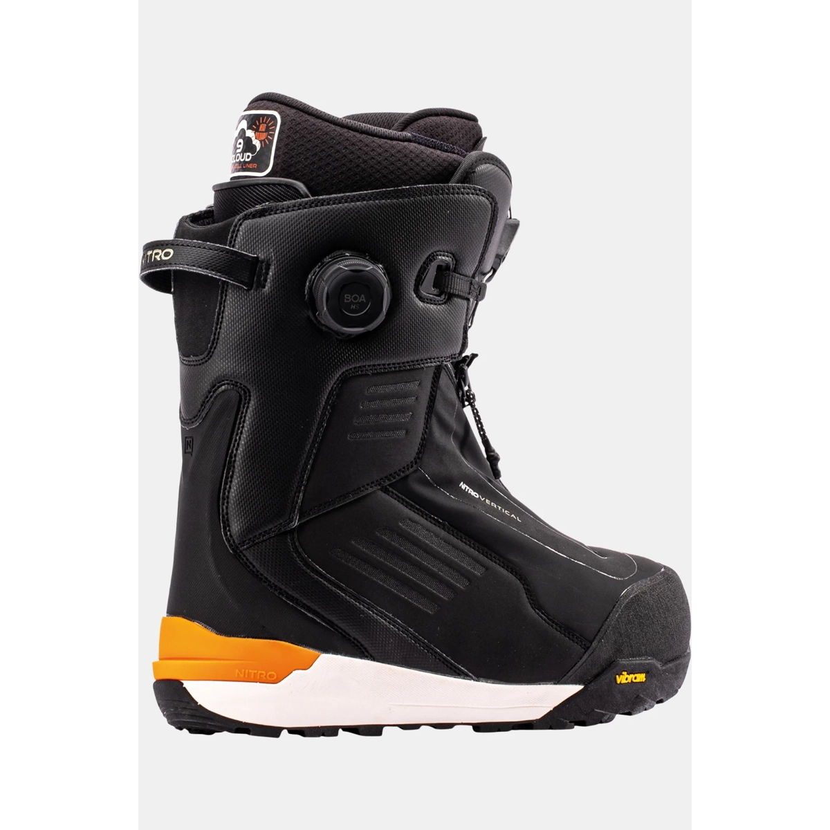 Vertical TLS+ Chaussure de snowboard, molette BOA, chaussure noire, tige haute, semelle Vibram, chaussure de snowboard, chaussure noire, fermeture BOA, tige haute, semelle orange