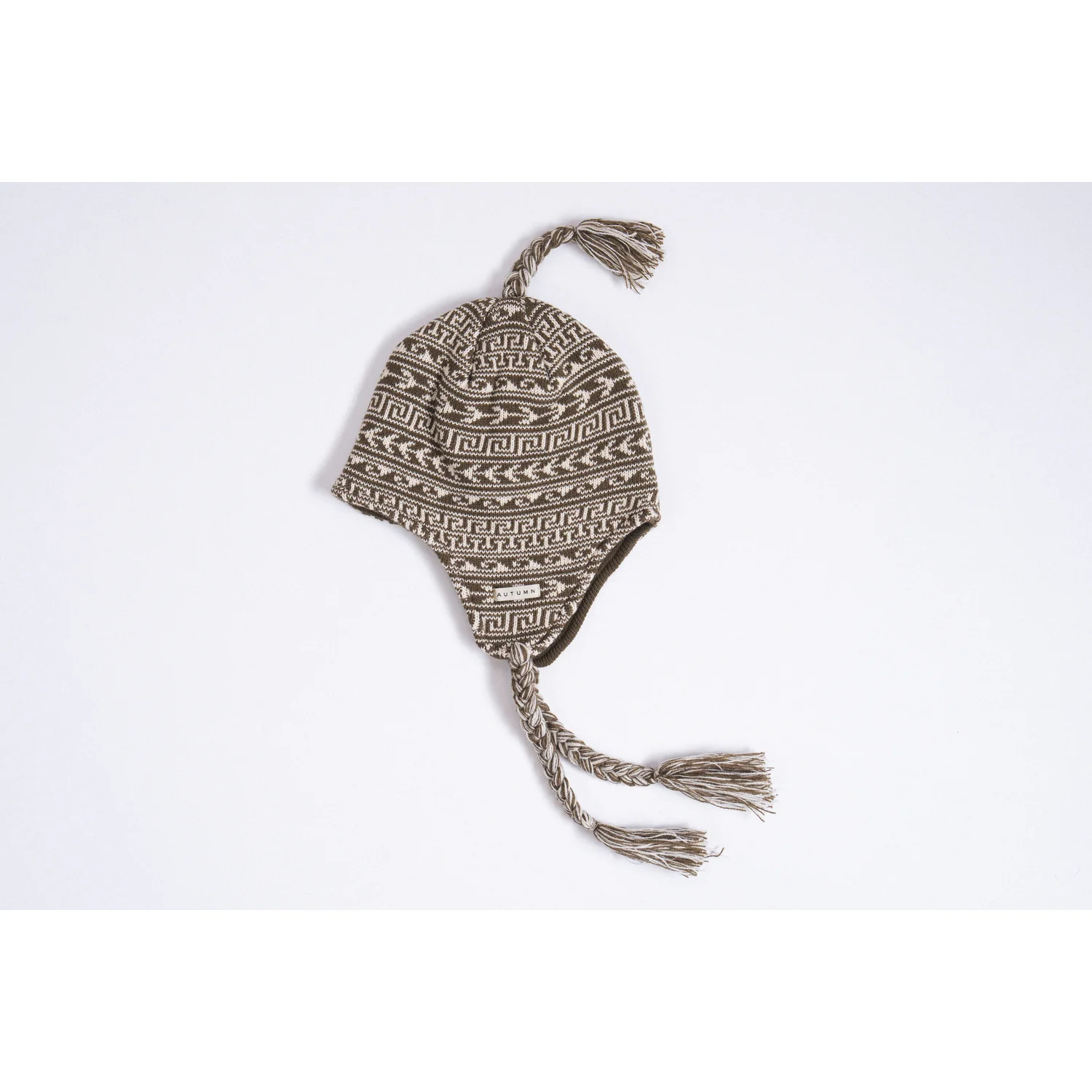 Swell Ear Flap Bonnet en tricot, oreillettes, pompon, motif jacquard, marron-beige