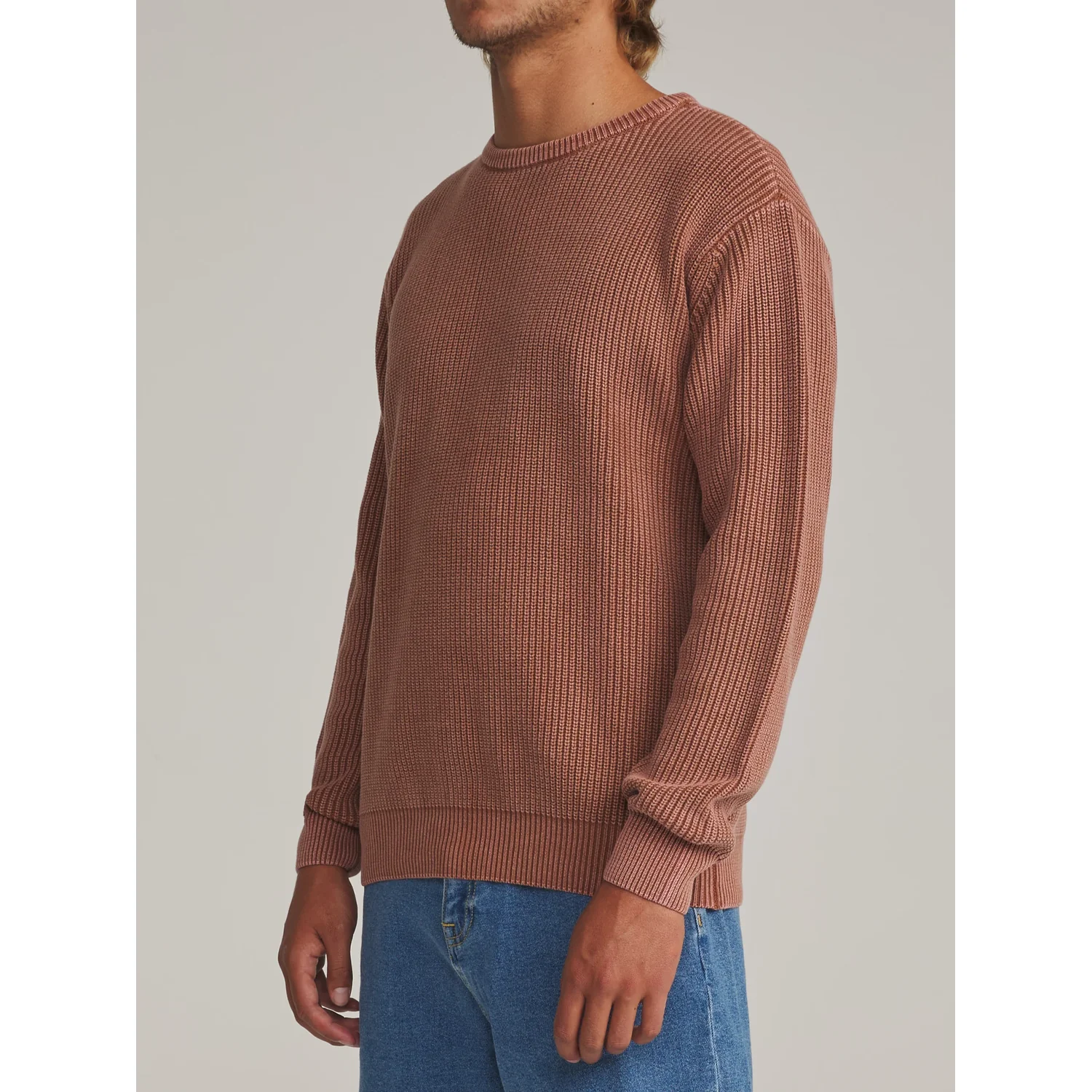 Herrenpullover, Strickpullover, Rundhalsausschnitt, Rippstrick, Terrakotta