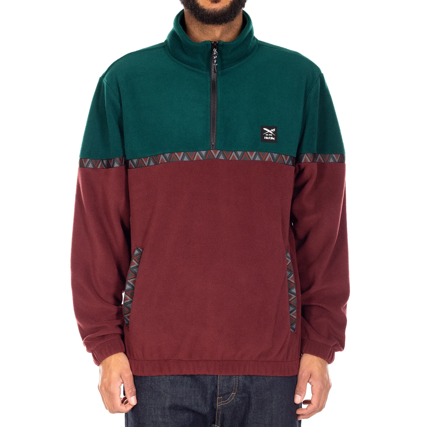 Monte Noe Troyer Herren-Fleecepullover, Halbreißverschluss, Stehkragen, Bordeauxgrün, Geometrisches Muster
