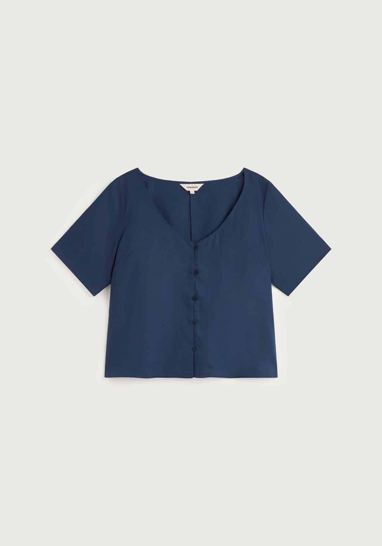 Leia Hemp Blouse bluse, kurzarm, knopfleiste, unifarben, navy