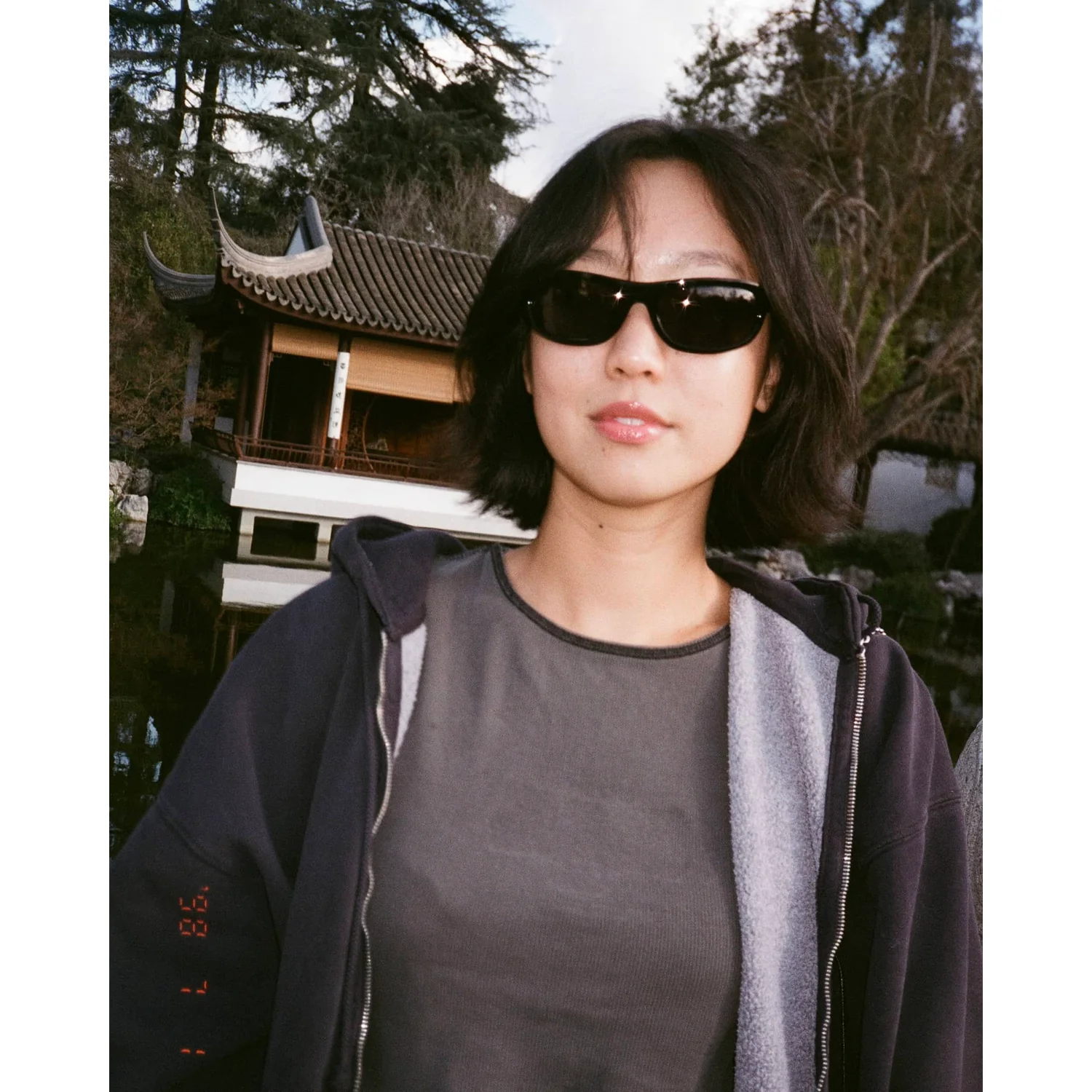 Schwarze Sonnenbrille, Schwarzer Hoodie, Reißverschluss, Graues T-Shirt