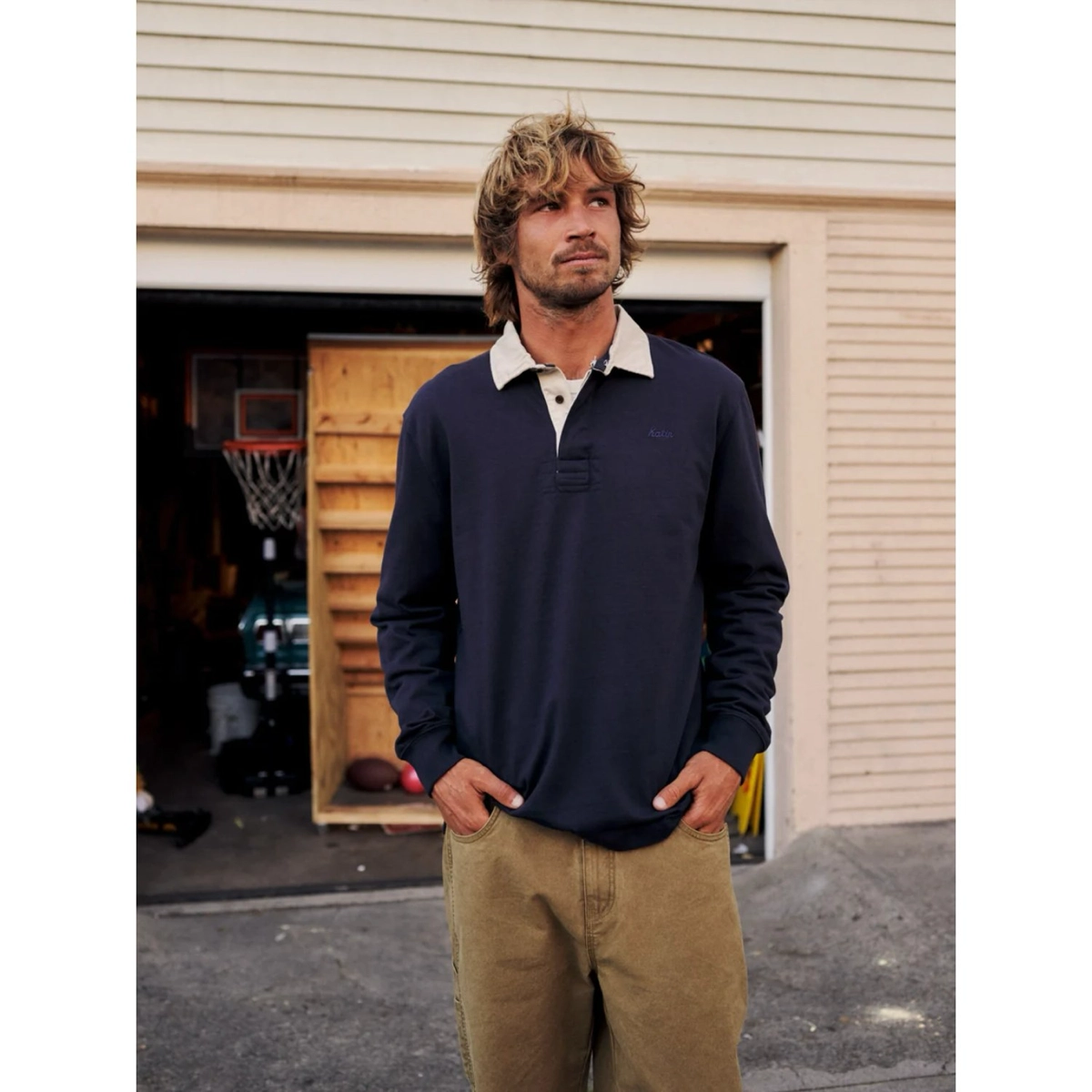Herrenpullover, Langarmshirt, Polo-Pullover, Navyblau, Kragen aus Kontraststoff