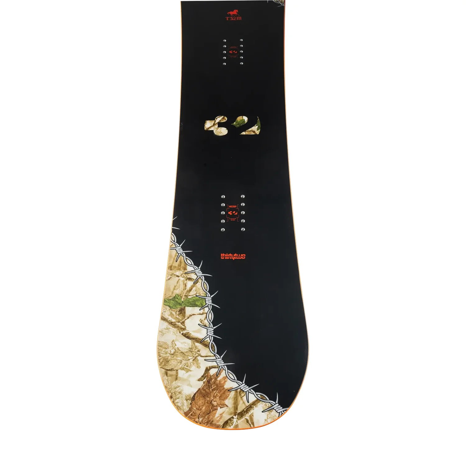T32M Youth Snowboard, Schwarzes Board, Tarnmuster, Camouflage-Print, Metallische Inserts