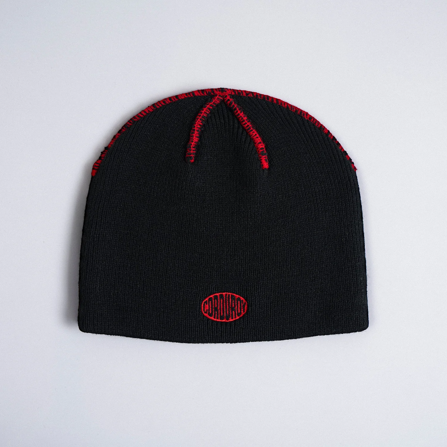 Strickmütze, Schwarz, Rote Nähte, Geripptes Strickmuster, Logo-Stickerei