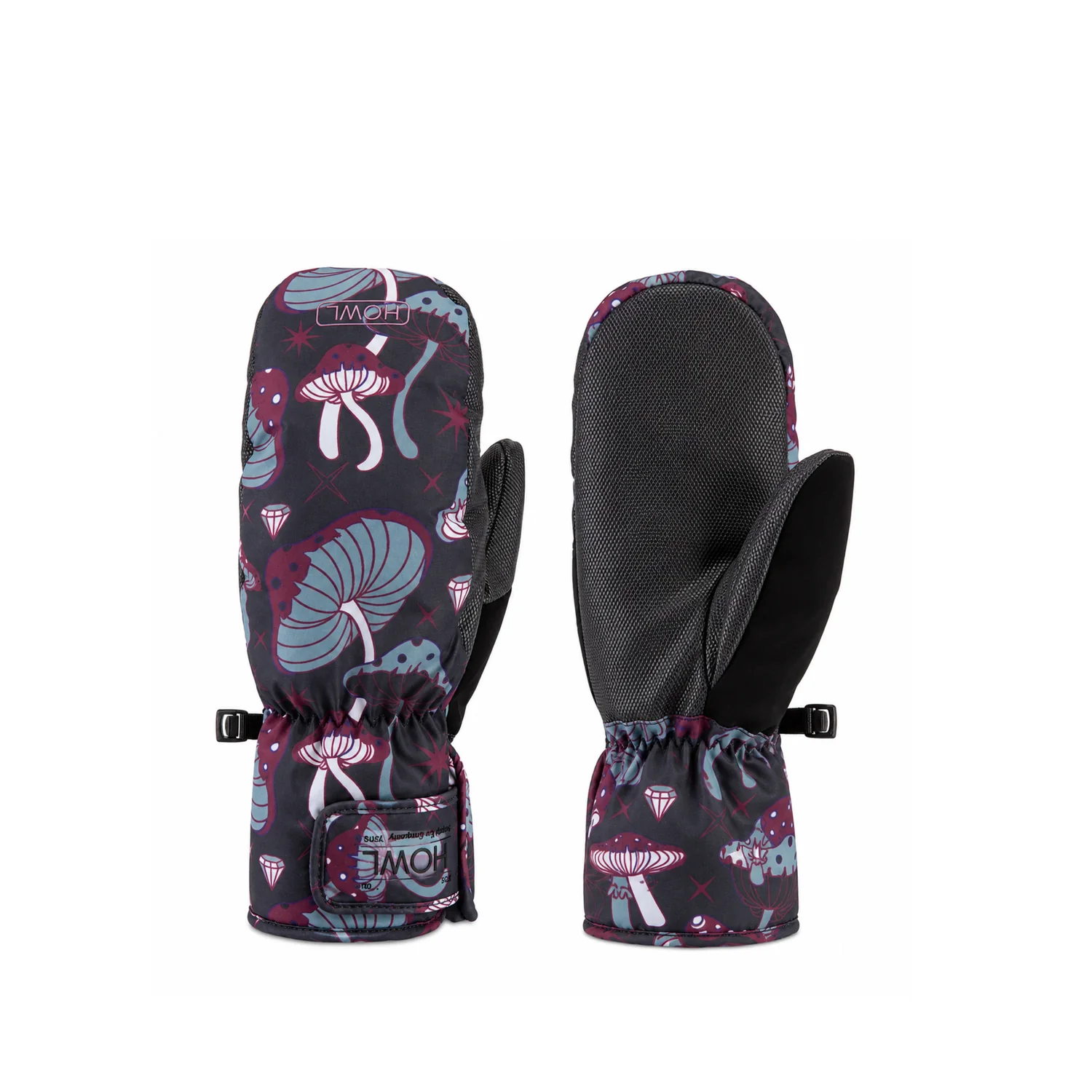 Winterhandschuhe, Fäustlinge, Pilzmuster, Schwarz, Verstellbarer Riemen