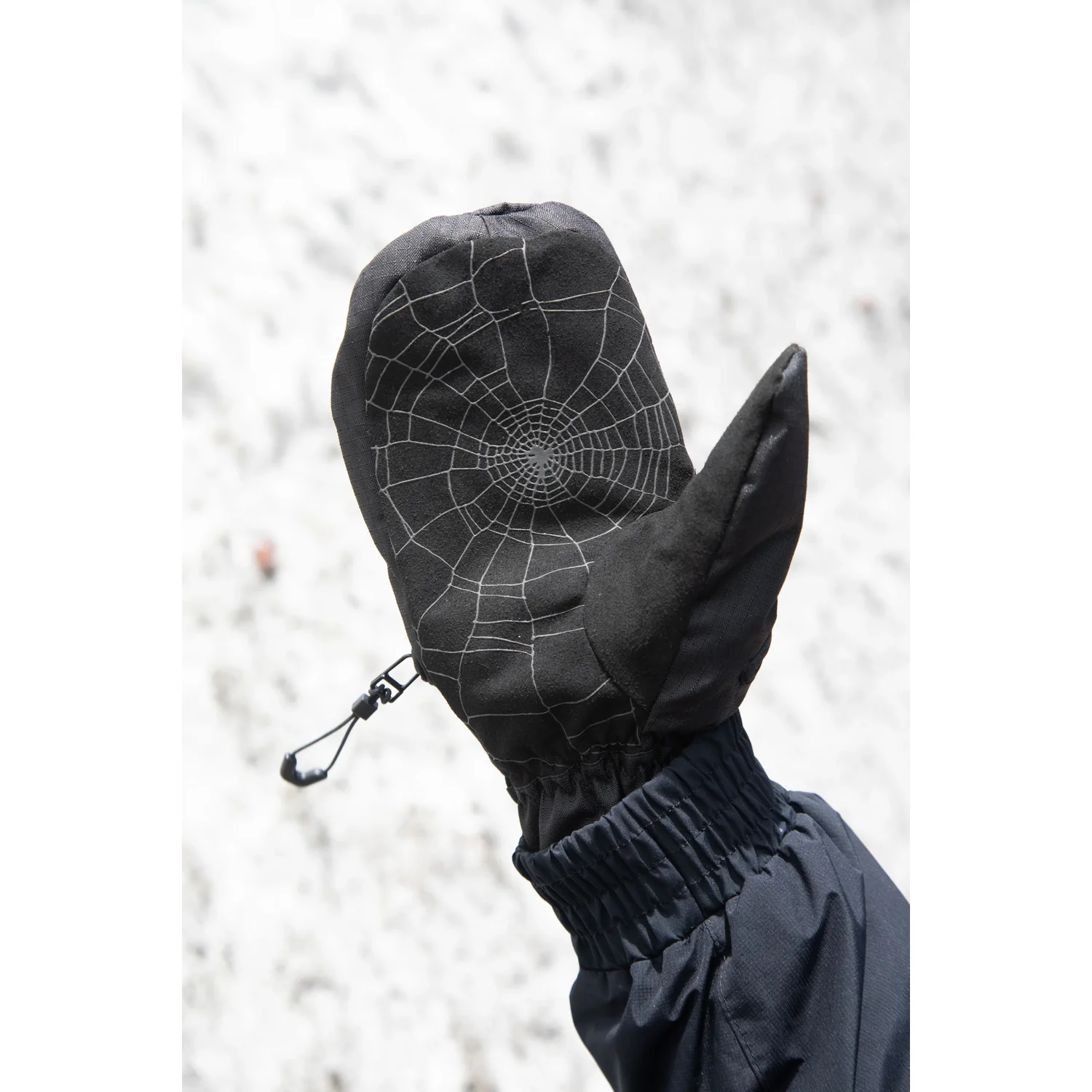 Chapeau ?, motif « toile d'araignée » sur la capuche, capuche noire, capuche de coupe-vent, poignets élastiques, moufles, noir, motif « toile d'araignée », taille élastique, dragonne