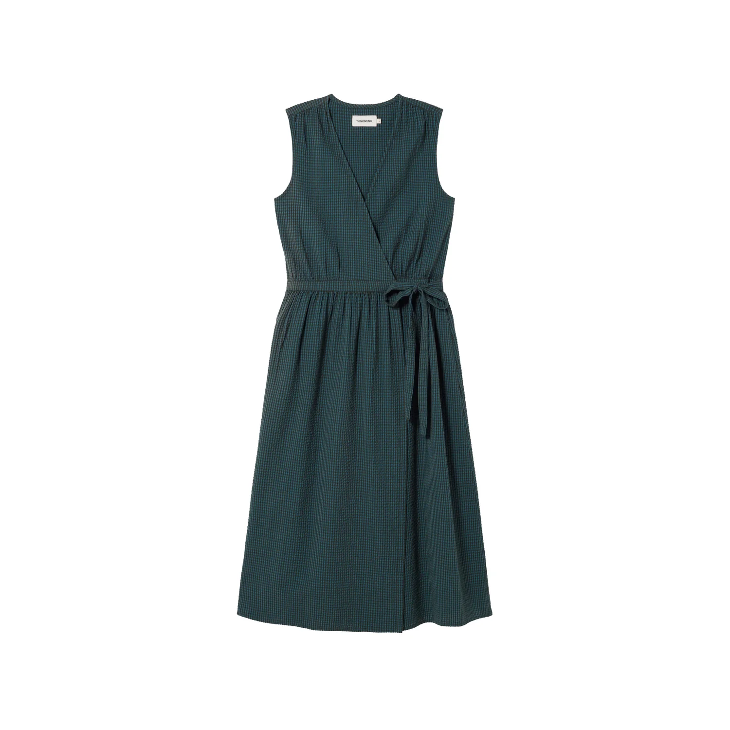 Wickelkleid, Ärmellos, Bindegürtel, Kariert, Dunkelgrün