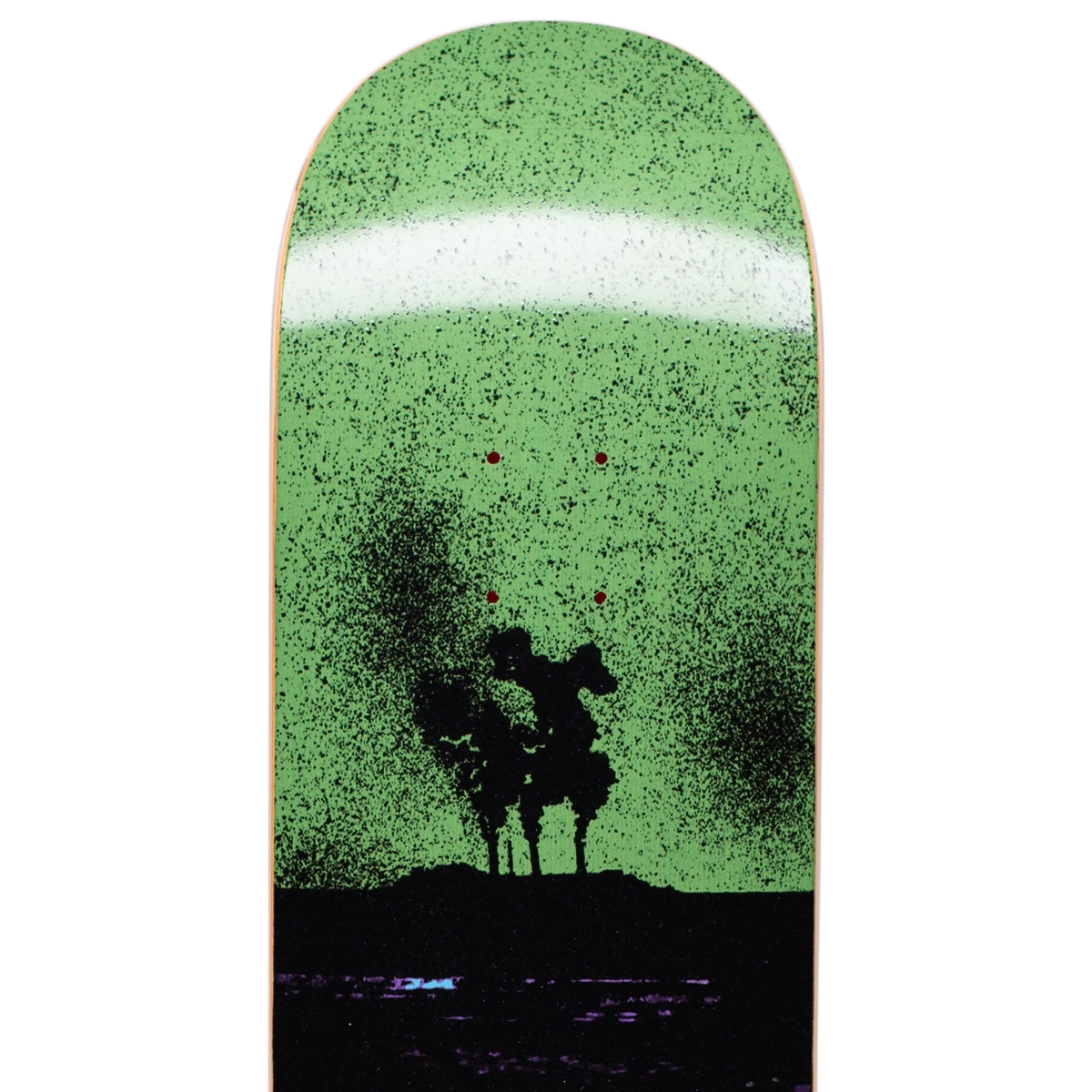 skateboard, dégradé vert, silhouettes d’arbres, peinture en spray, art mural