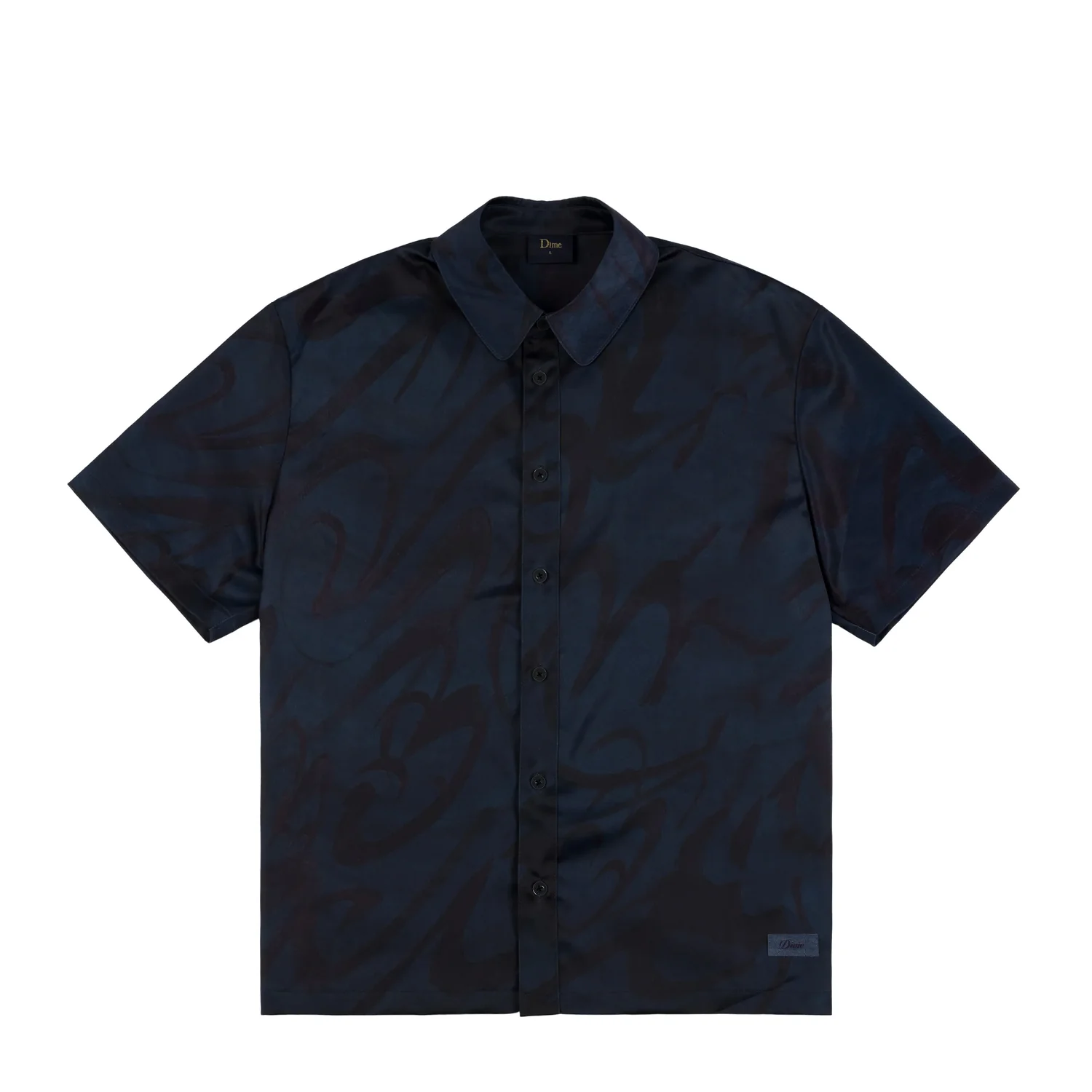 Chilling Satin Shirt Kurzarmhemd, Button-down-Hemd, Dunkelblau, Abstraktes Muster, Knopfleiste