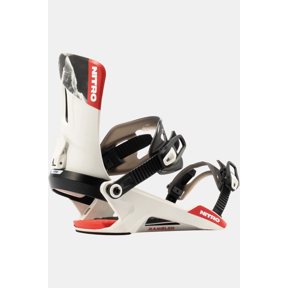 Fixations de snowboard, RAMBLER, fixations Nitro, sangles réglables, cordon de serrage, fixations de snowboard, semelle en plastique, blanc-rouge-noir, sangle Razor, Rambler Nitro