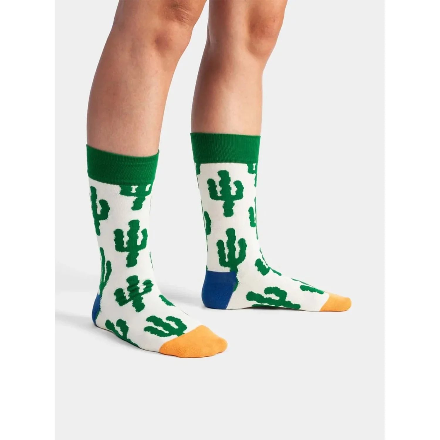 Chaussettes, motif cactus, vert et blanc, pointe orange, talon bleu