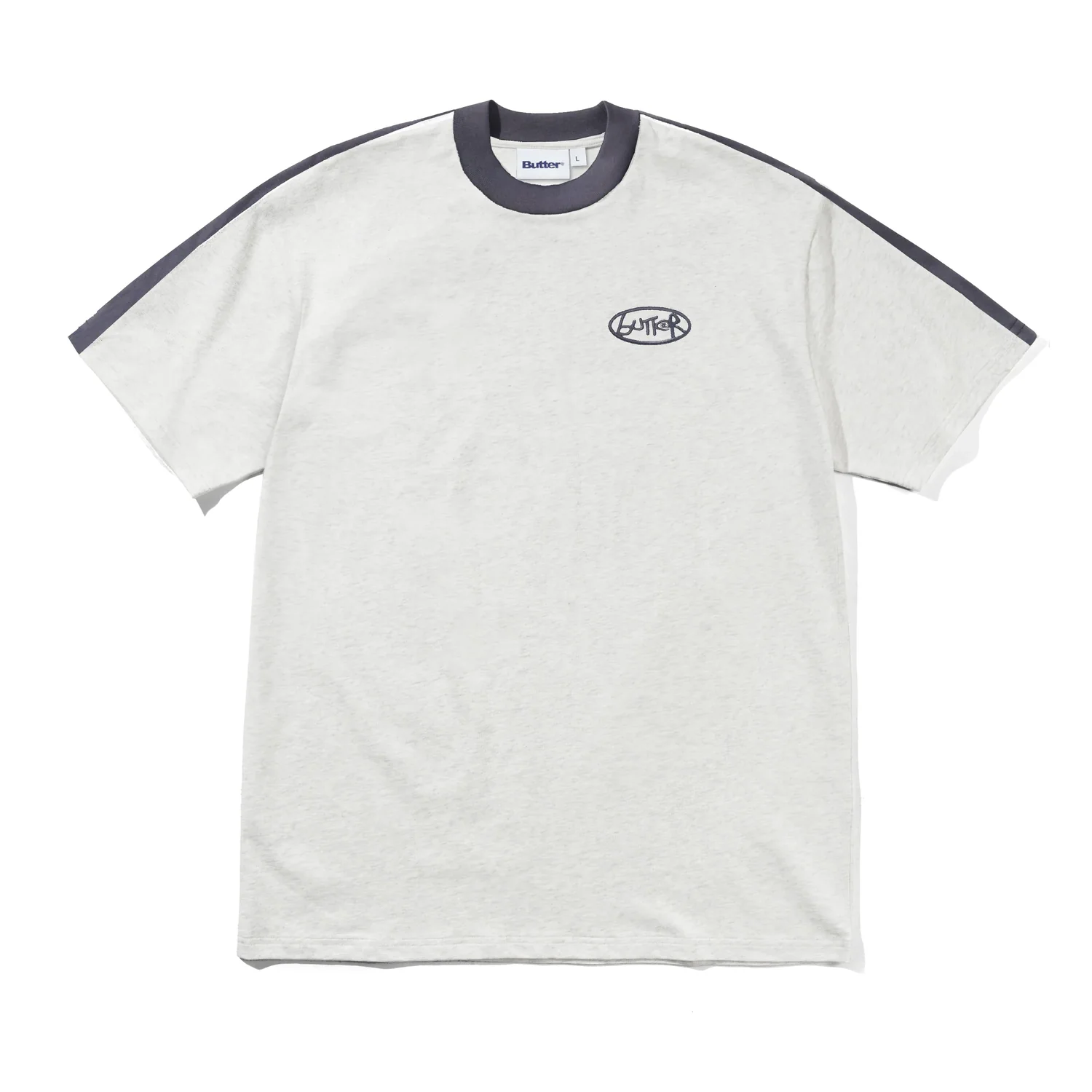 T-shirt à manches courtes, gris clair chiné, col rond, bandes contrastées