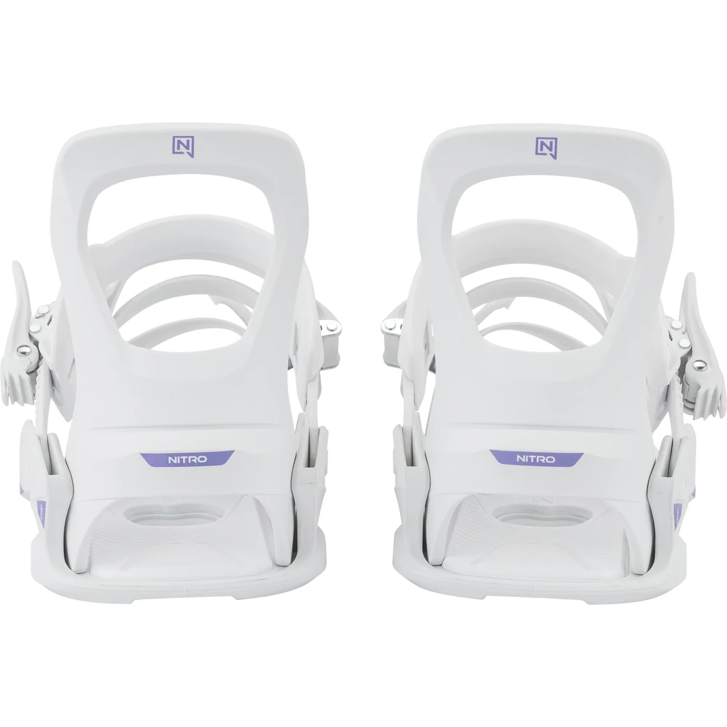 Fixation de snowboard, plastique, blanche, avec des touches de violet, fermeture à cliquet