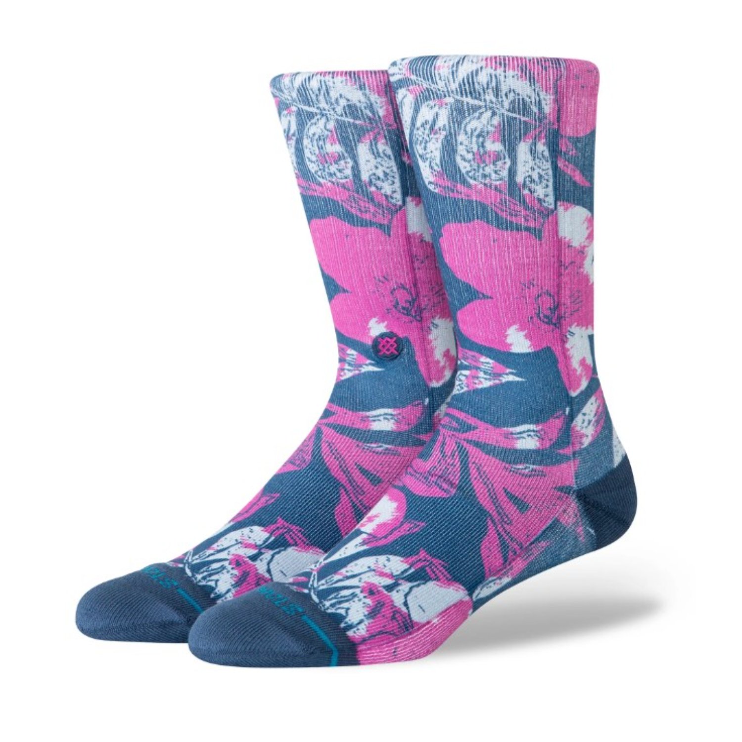 Lihue Crew Chaussettes, motif floral, à carreaux, bleu jean, rose