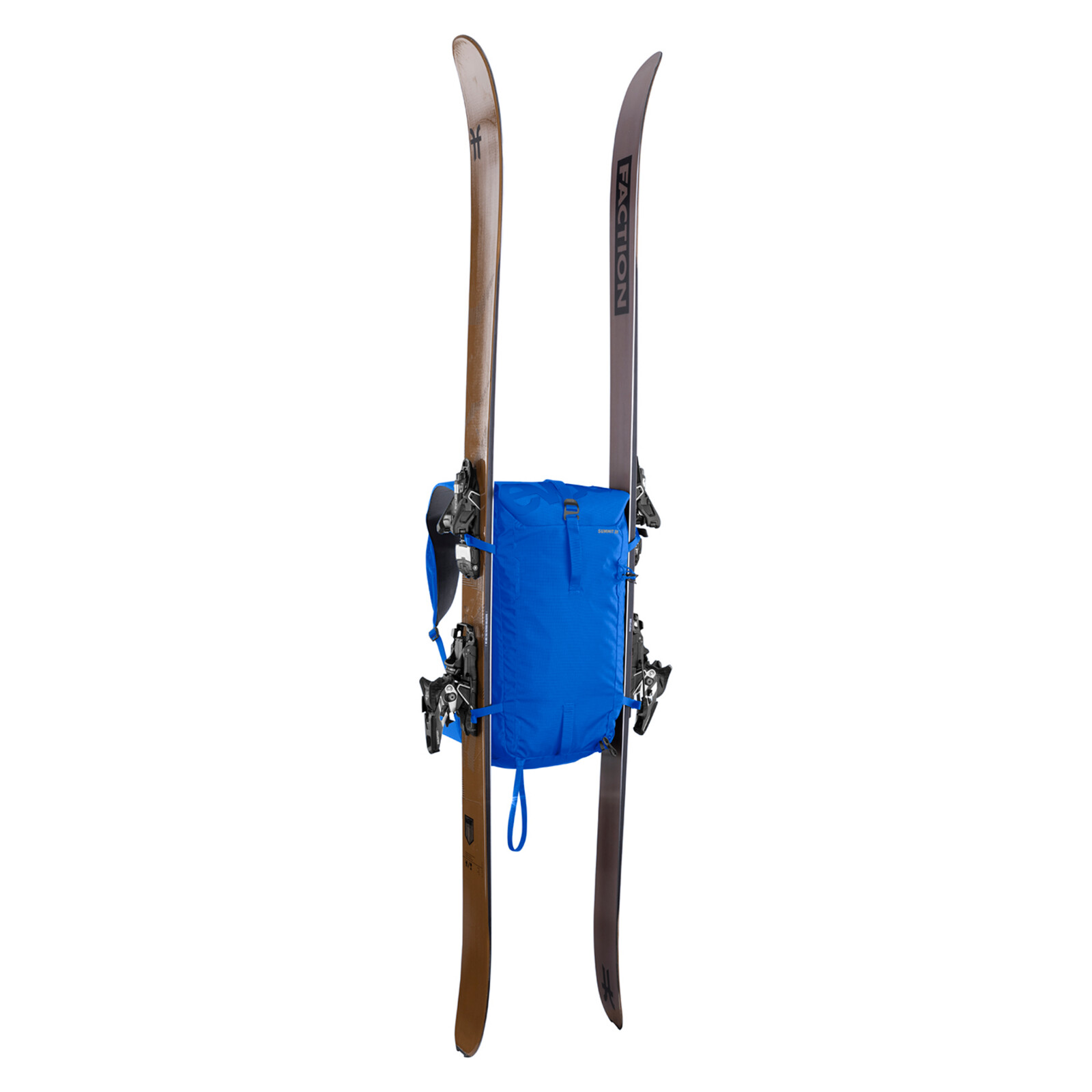 ski, skis, blue backpack, bindings, transport bag