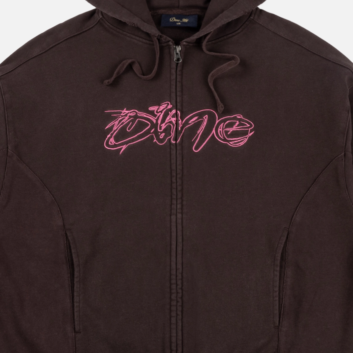 hoodie, Reißverschluss, pinkes-gesticktes, Kordel, dunkelbraun