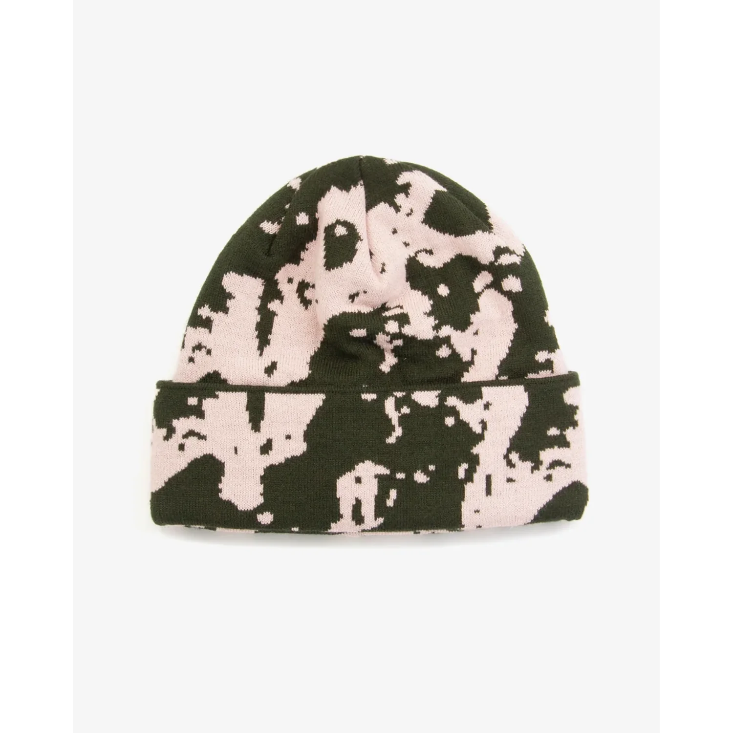 Bonnet en tricot, bord roulé, motif camouflage, vert foncé, rose