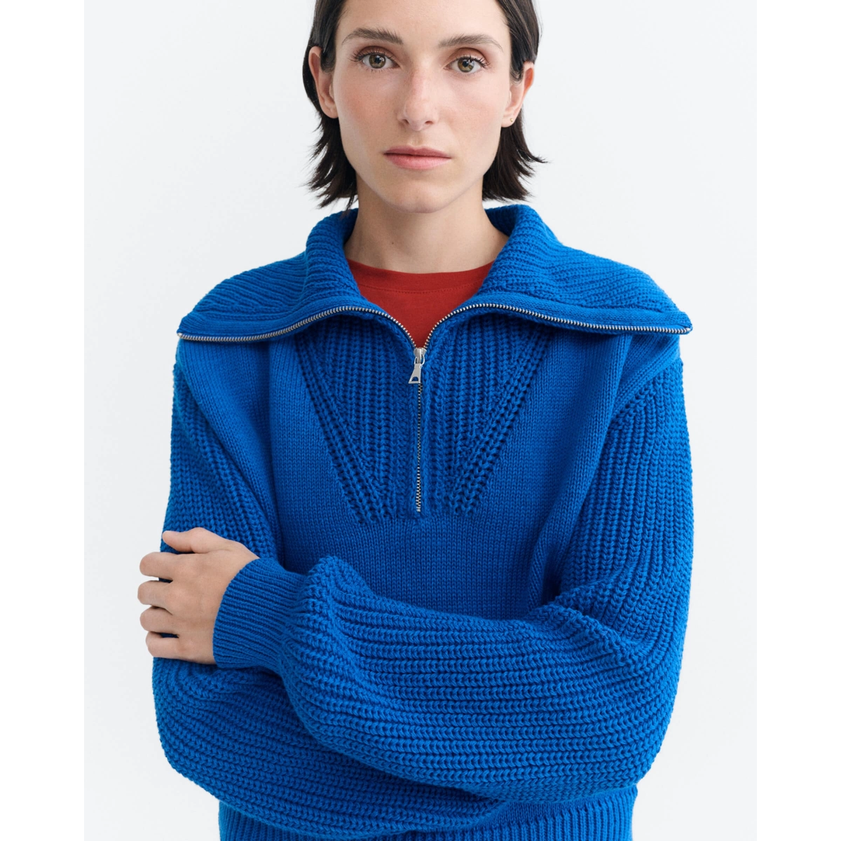Pullover, Reißverschluss, Strick, Blau, Rundhals, Pullover, blaues Sweatshirt, gehäkelte/gestrickte?, half-zip, Kragen