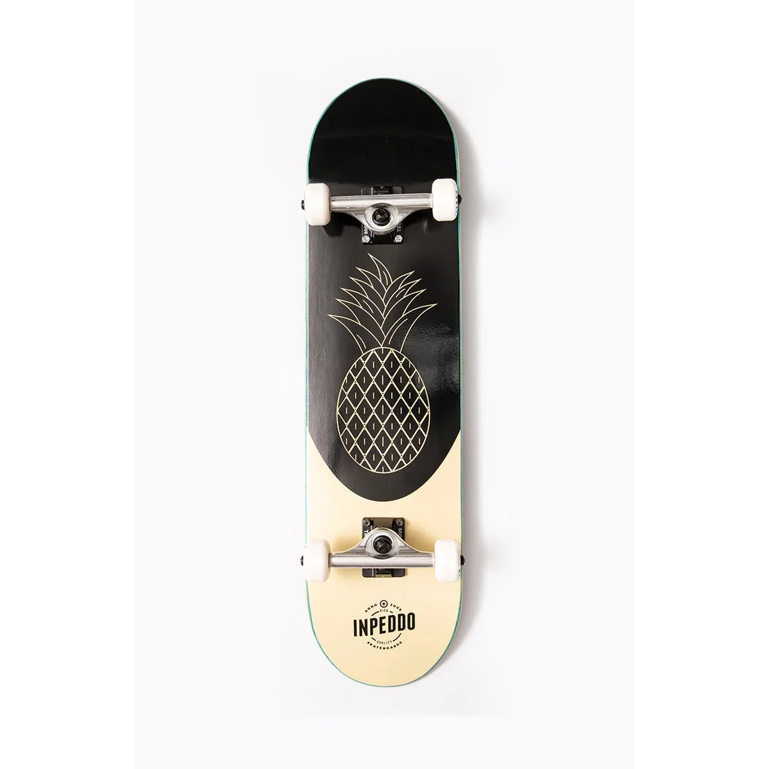Skateboard, planche en érable, noir et beige, motif ananas, roues blanches